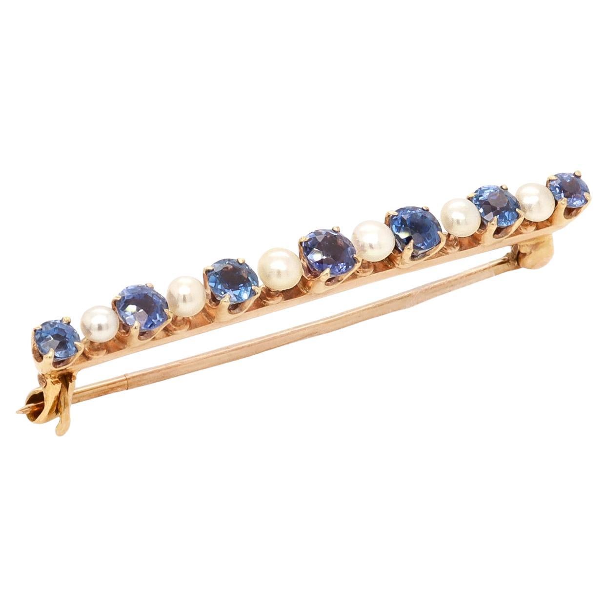 Antique Edwardian 14K Yellow Gold, Blue Topaz, & Button Pearl Bar Pin or Brooch For Sale