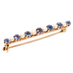 Antique Edwardian 14K Yellow Gold, Blue Topaz, & Button Pearl Bar Pin or Brooch