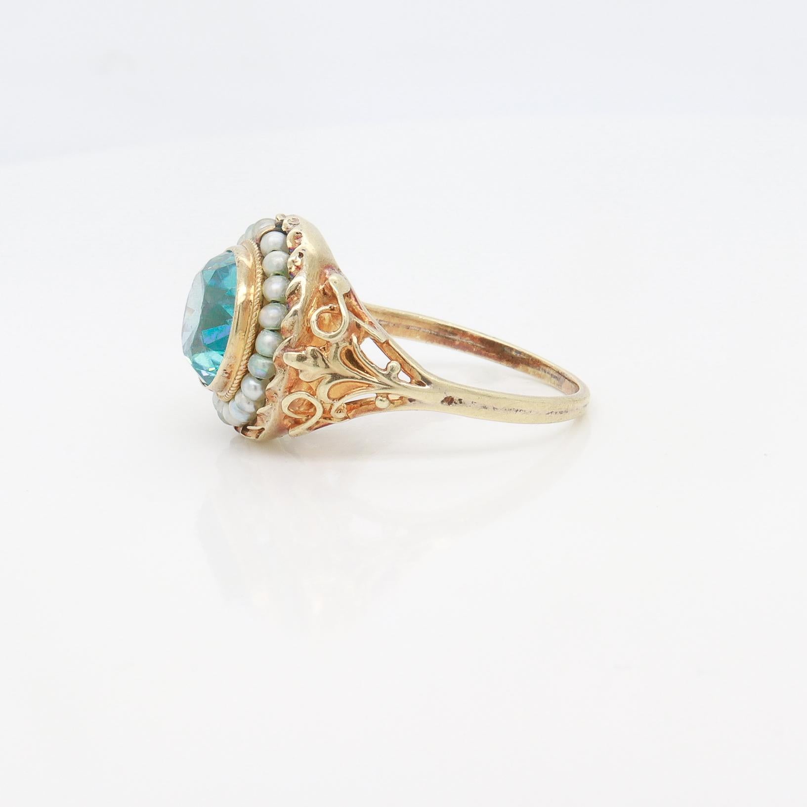 Antique Edwardian 14K Yellow Gold, Blue Topaz, & Seed Pearl Signet Style Ring For Sale 5