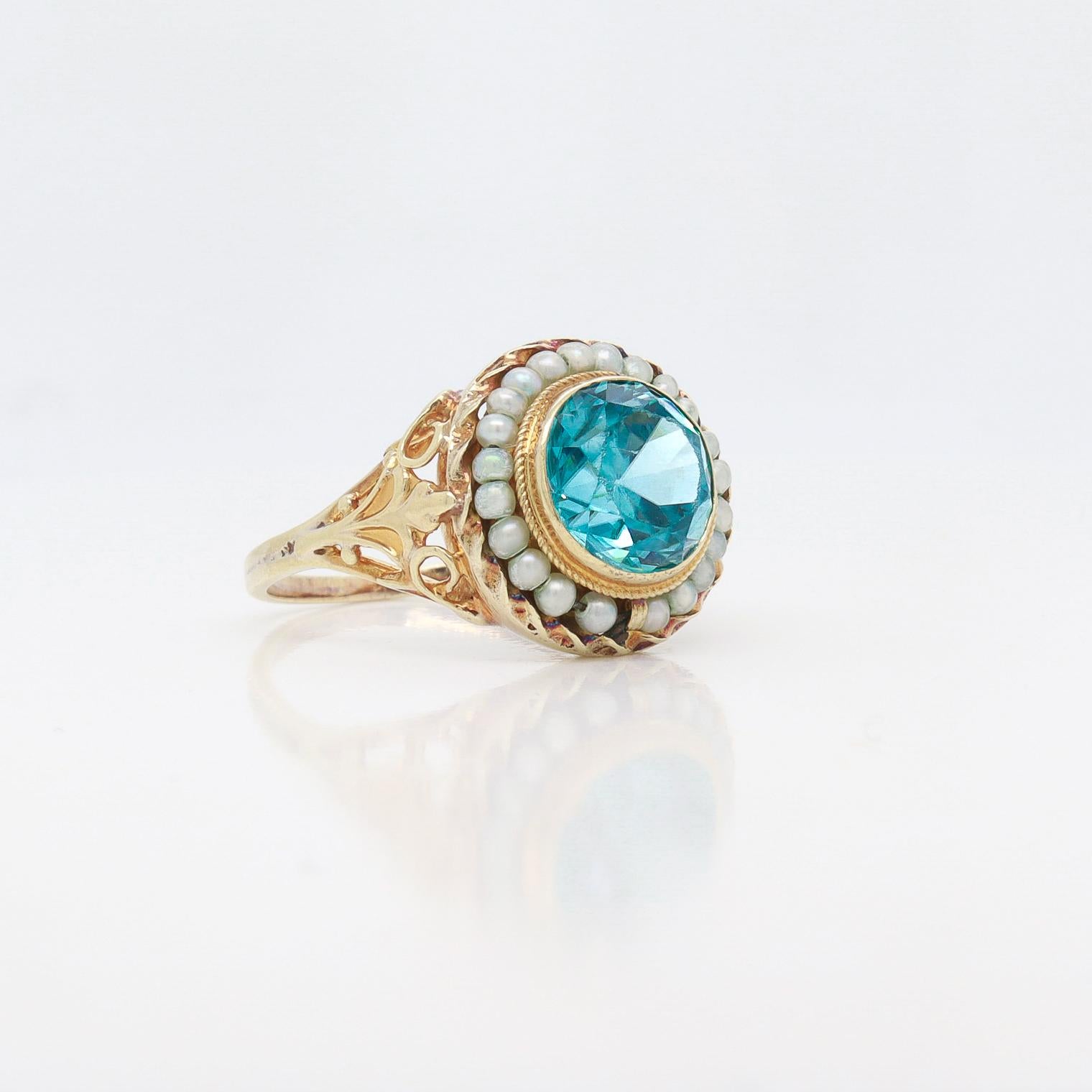 Antique Edwardian 14K Yellow Gold, Blue Topaz, & Seed Pearl Signet Style Ring For Sale 6