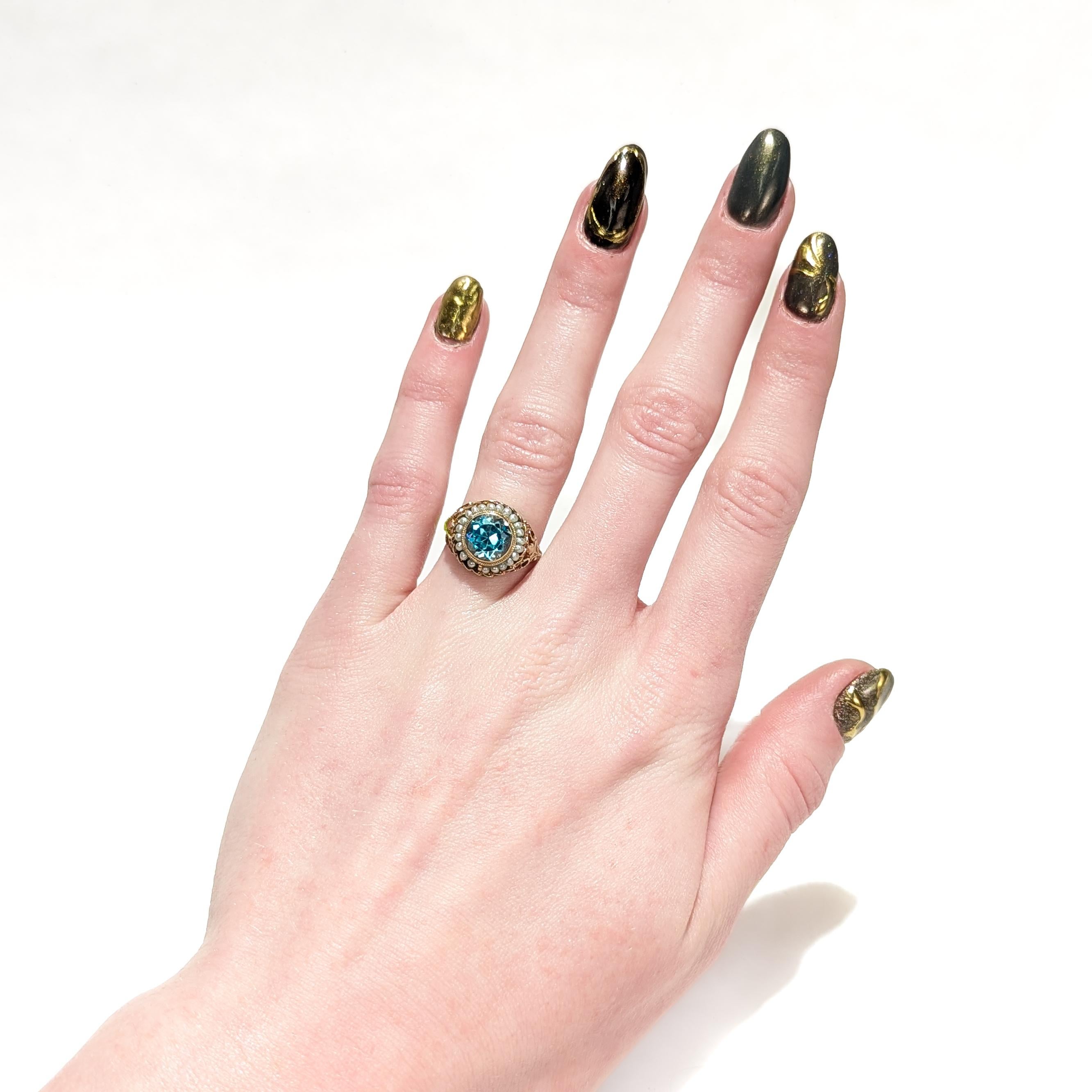 Round Cut Antique Edwardian 14K Yellow Gold, Blue Topaz, & Seed Pearl Signet Style Ring For Sale