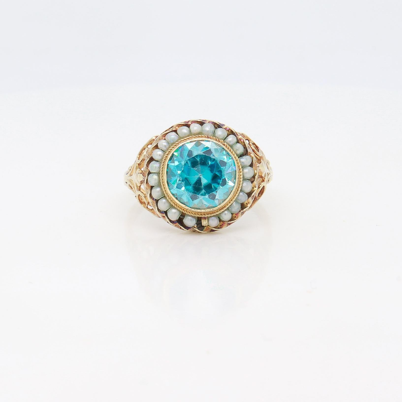 Women's Antique Edwardian 14K Yellow Gold, Blue Topaz, & Seed Pearl Signet Style Ring For Sale