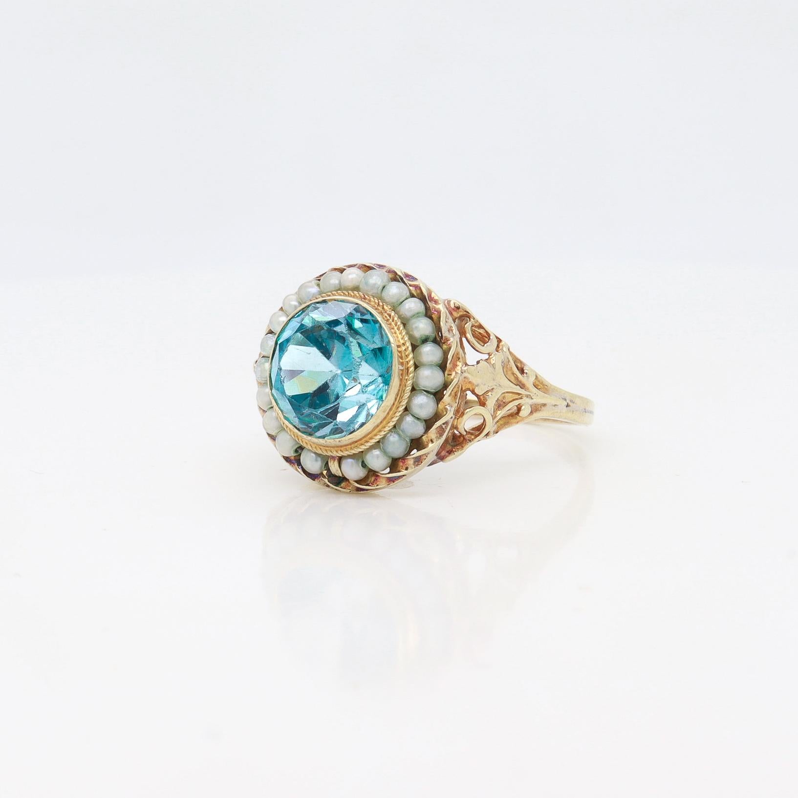 Antique Edwardian 14K Yellow Gold, Blue Topaz, & Seed Pearl Signet Style Ring For Sale 1