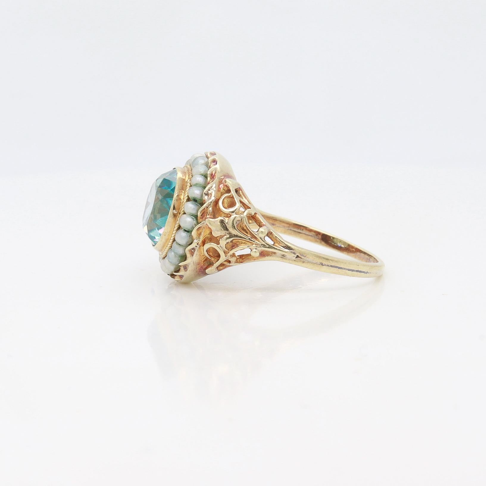 Antique Edwardian 14K Yellow Gold, Blue Topaz, & Seed Pearl Signet Style Ring For Sale 2