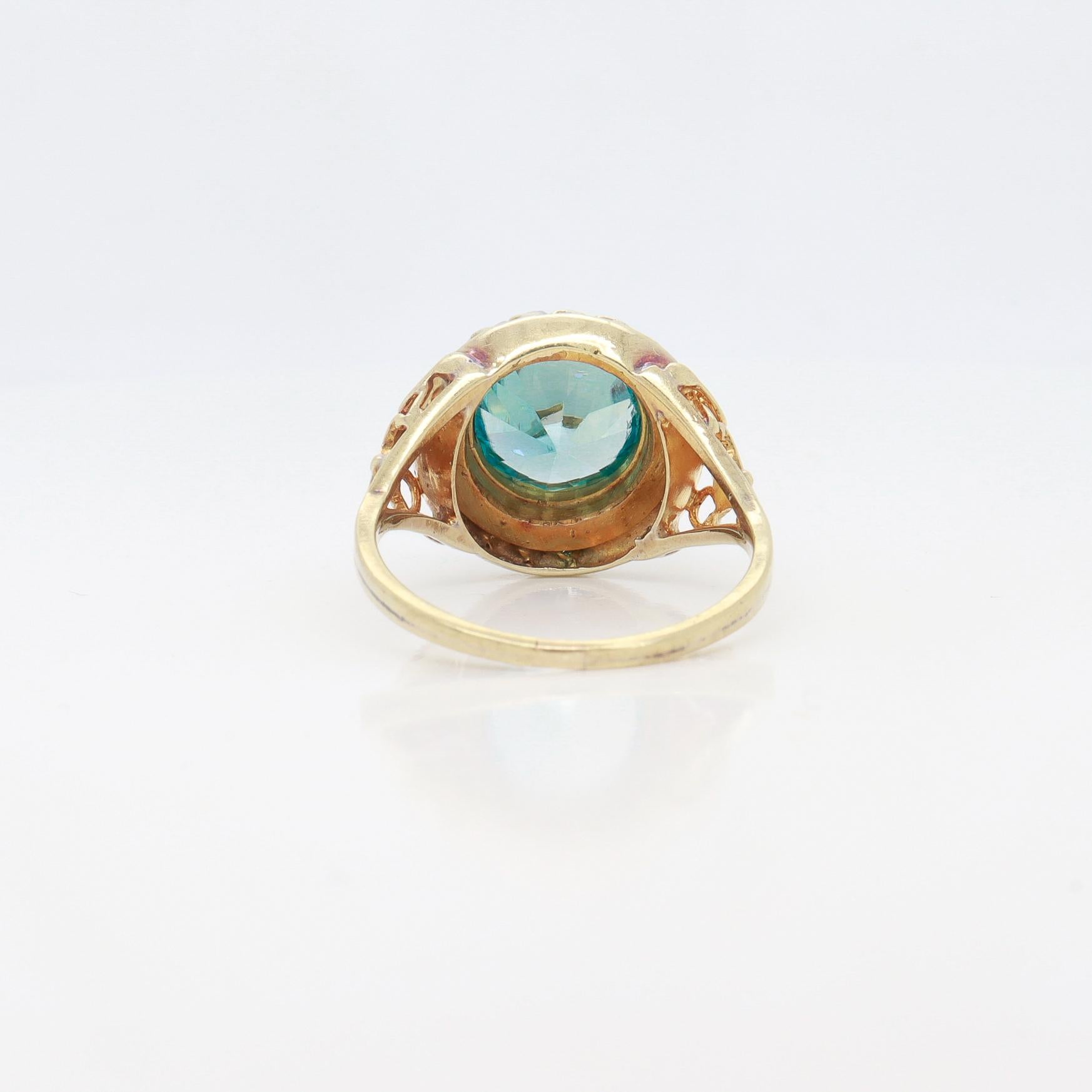 Antique Edwardian 14K Yellow Gold, Blue Topaz, & Seed Pearl Signet Style Ring For Sale 3