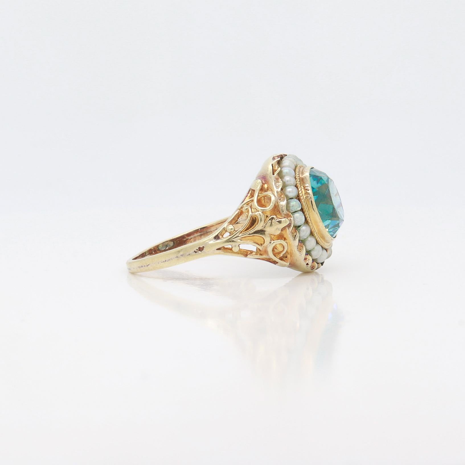 Antique Edwardian 14K Yellow Gold, Blue Topaz, & Seed Pearl Signet Style Ring For Sale 4
