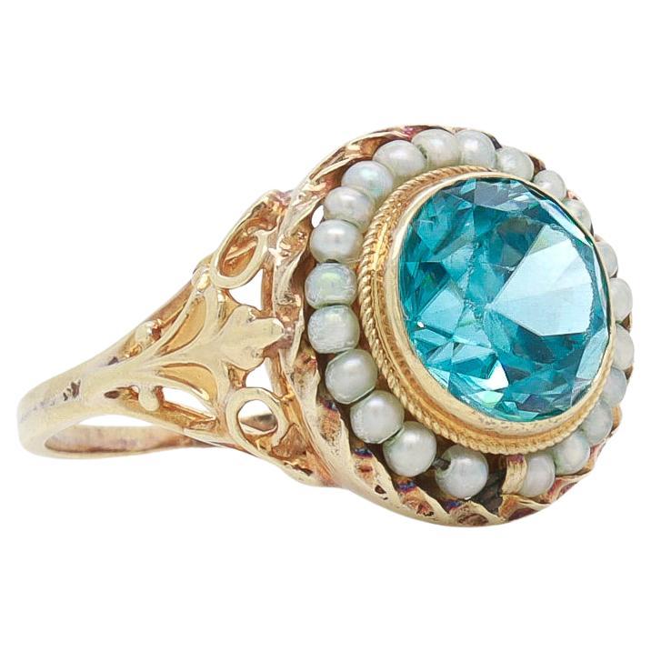 Antique Edwardian 14K Yellow Gold, Blue Topaz, & Seed Pearl Signet Style Ring