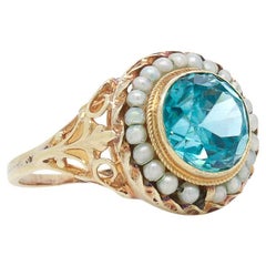 Antico anello stile sigillo in oro giallo 14 carati, topazio blu e perle di semi