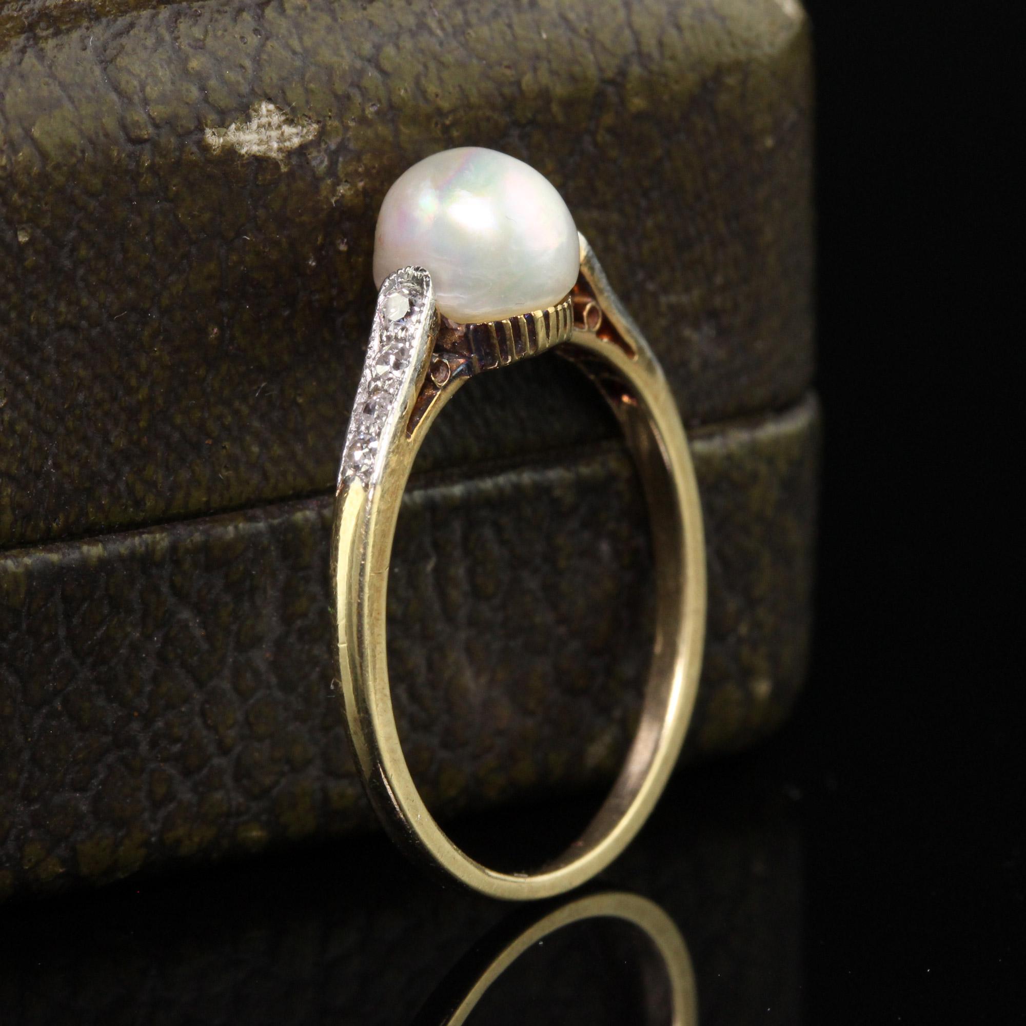 Old Mine Cut Antique Edwardian 14K Yellow Gold Diamond and Natural Pearl Engagement Ring For Sale