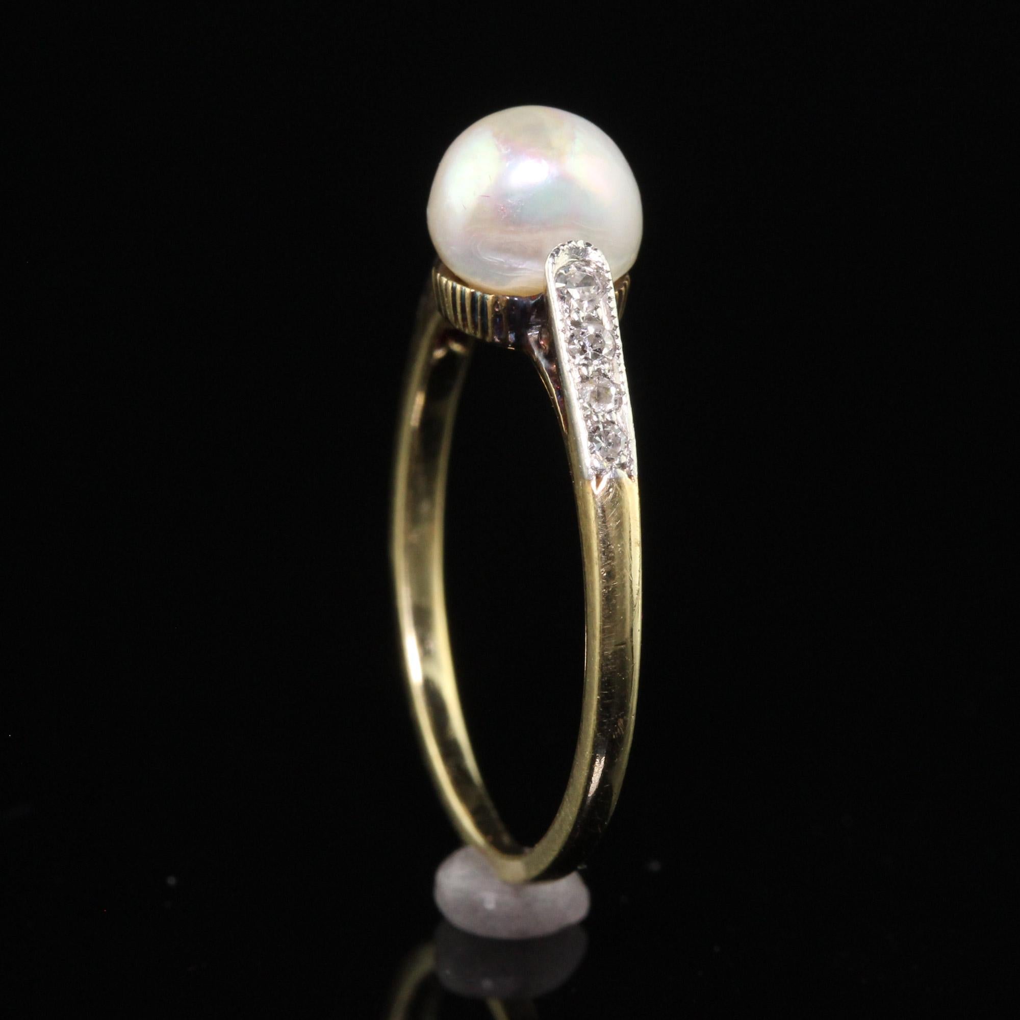 Antique Edwardian 14K Yellow Gold Diamond and Natural Pearl Engagement Ring For Sale 2