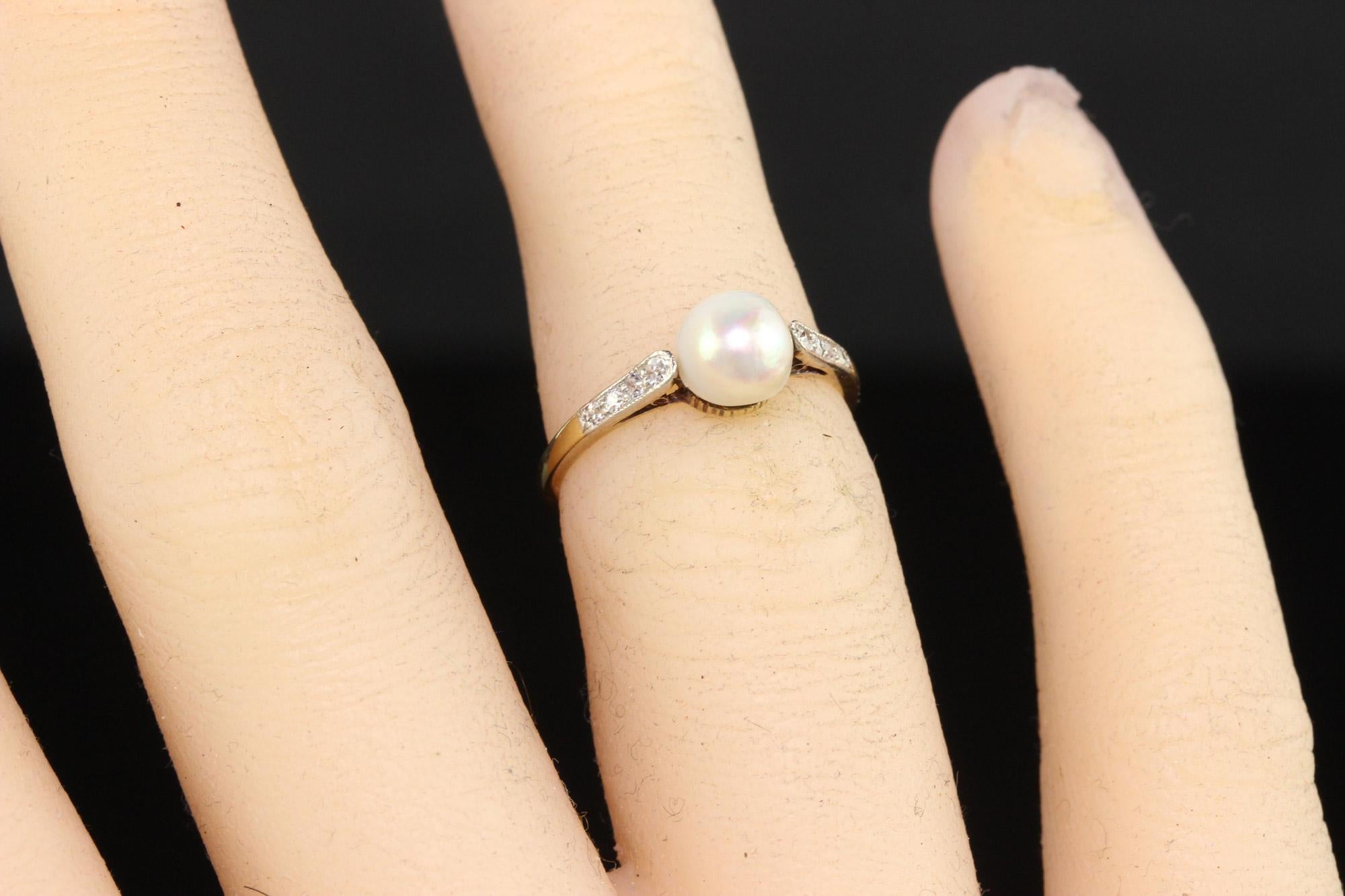 Antique Edwardian 14K Yellow Gold Diamond and Natural Pearl Engagement Ring For Sale 3