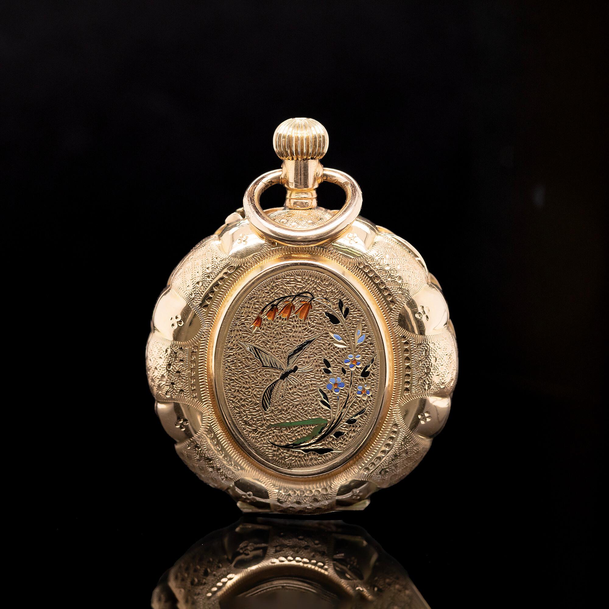 Women's or Men's Antique Edwardian 14k Yellow Gold & Enamel Pocket Watch For Sale