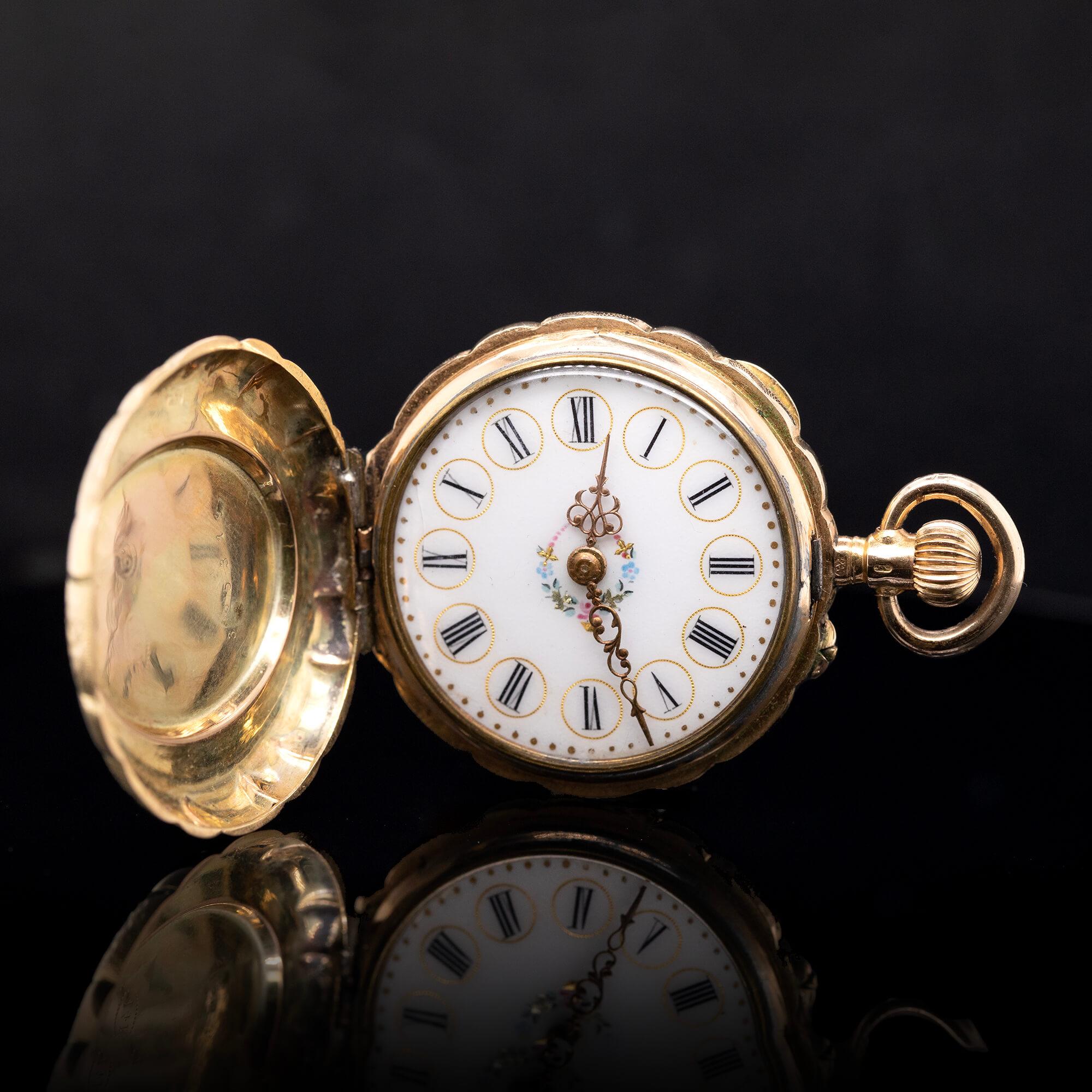 Antike edwardianische Taschenuhr aus 14 Karat Gelbgold und Emaille für Damen oder Herren im Angebot