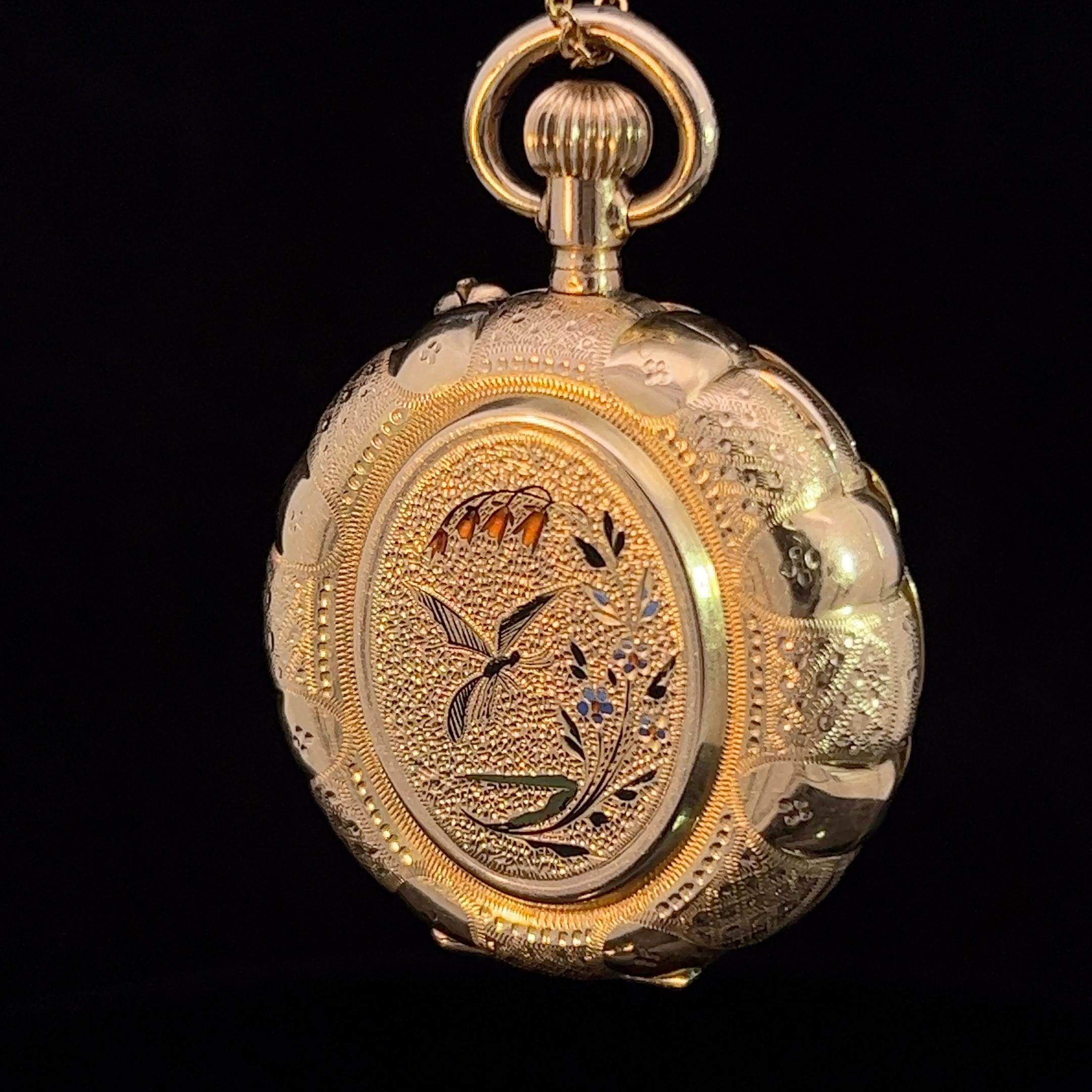 Antique Edwardian 14k Yellow Gold & Enamel Pocket Watch For Sale 3