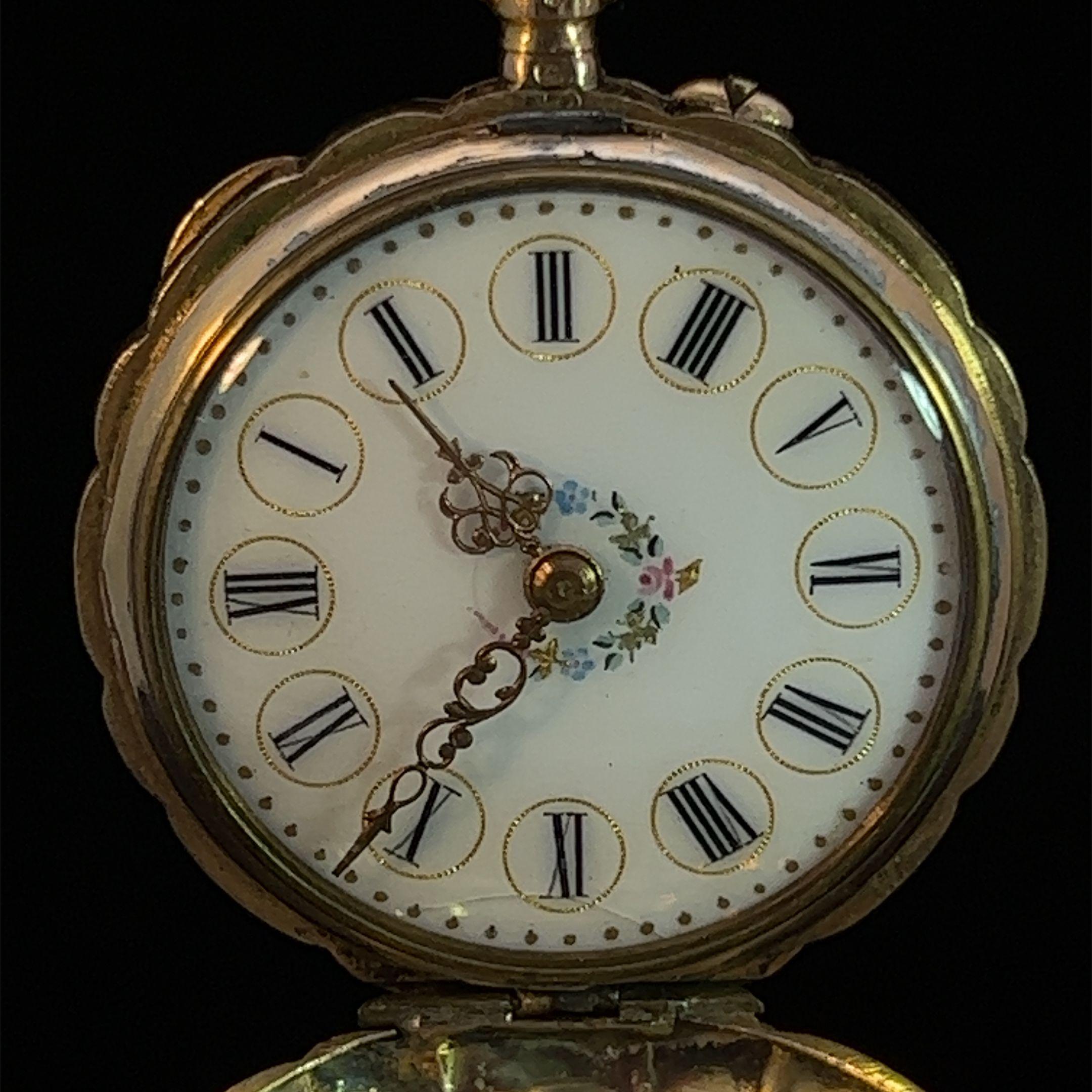 Antique Edwardian 14k Yellow Gold & Enamel Pocket Watch For Sale 5