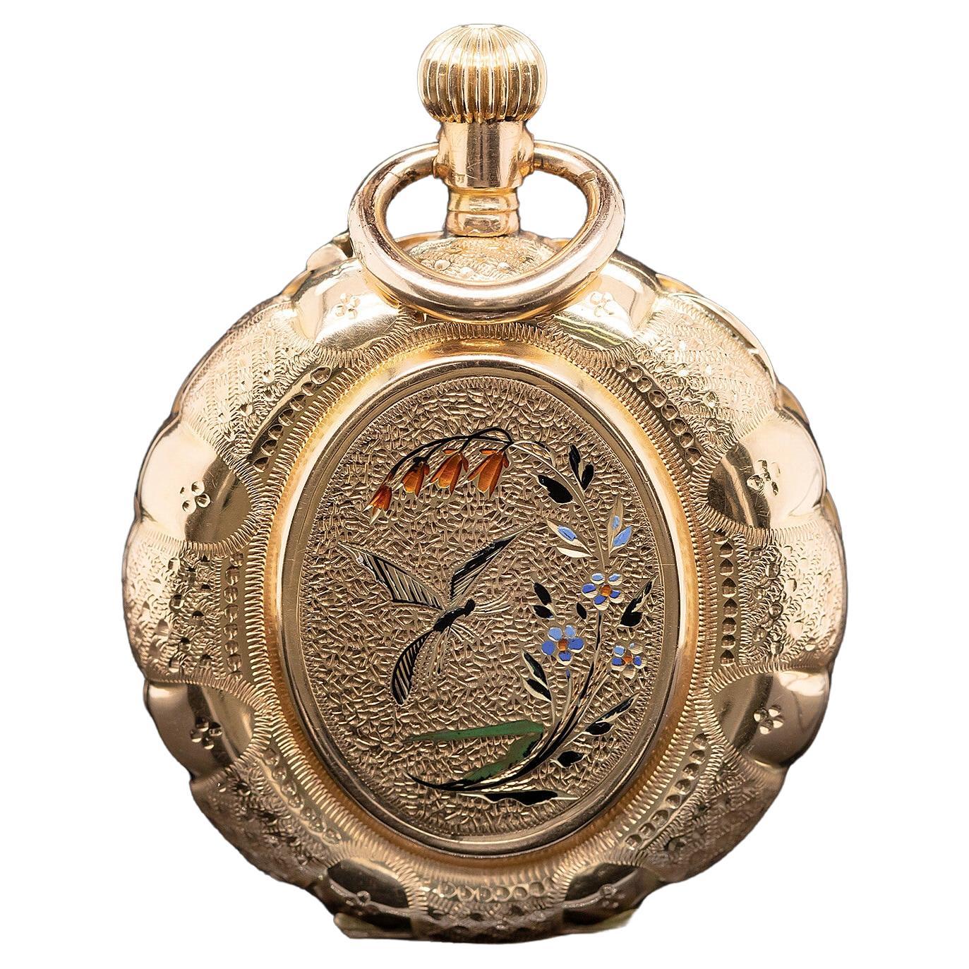 Antike edwardianische Taschenuhr aus 14 Karat Gelbgold und Emaille im Angebot