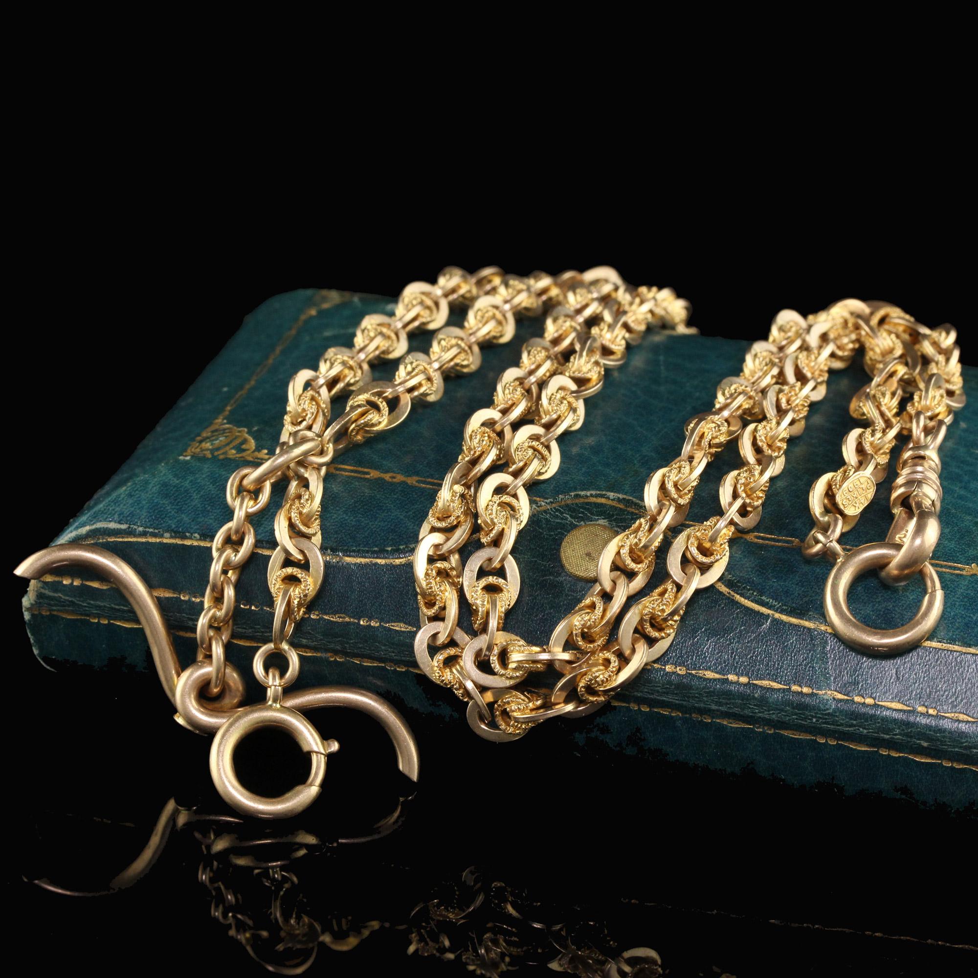 Schöne antike Edwardian 14K Gelbgold komplizierte Link T Bar Halskette - 23 Zoll. Diese wunderschöne Halskette ist aus 14k Gelbgold gefertigt. Diese Halskette hat handgefertigte, verschlungene Glieder, die sich über die gesamte Kette erstrecken. Der