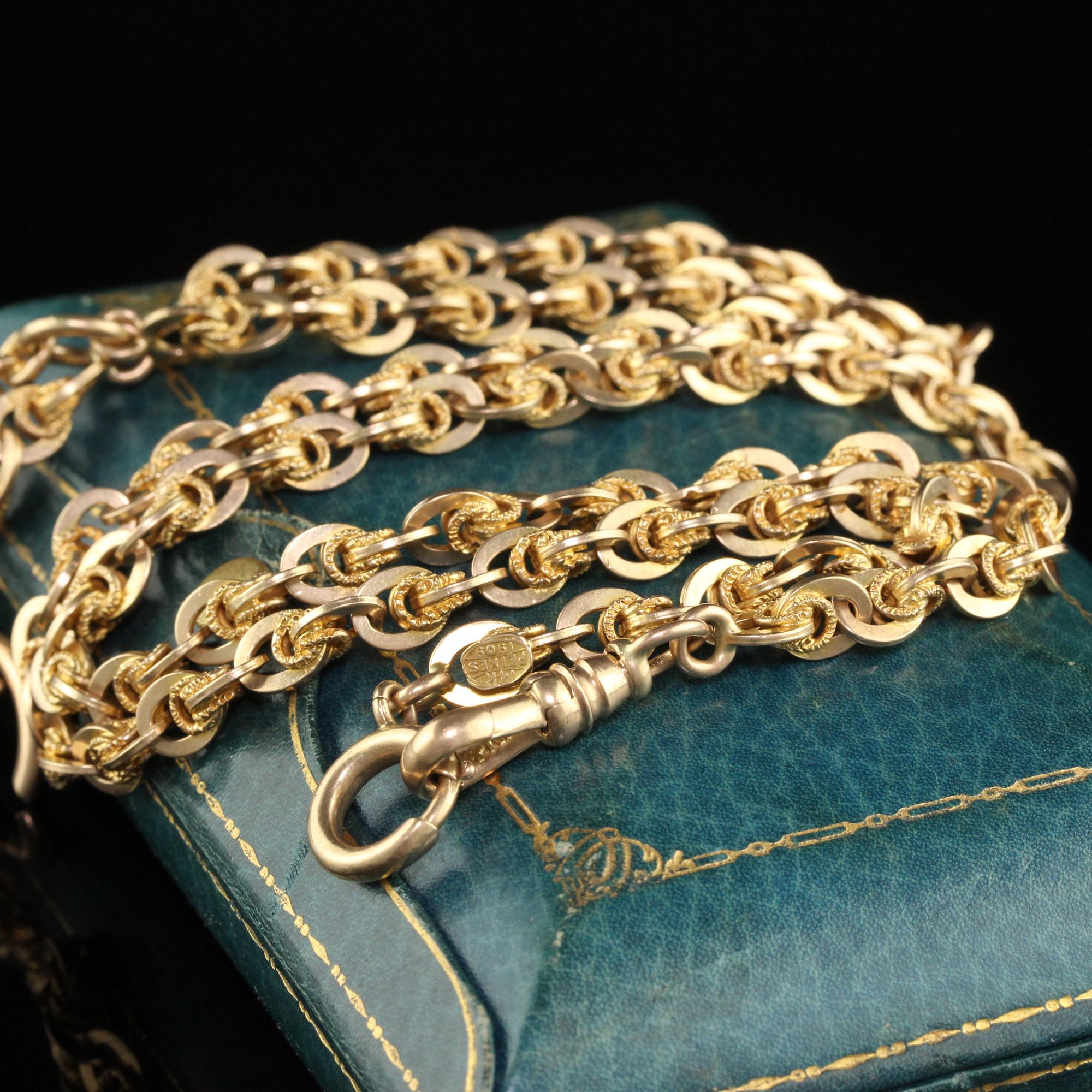 Antike edwardianische 14K Gelbgold aufwändige Glieder-T Bar-Halskette - 23 Zoll im Zustand „Gut“ in Great Neck, NY
