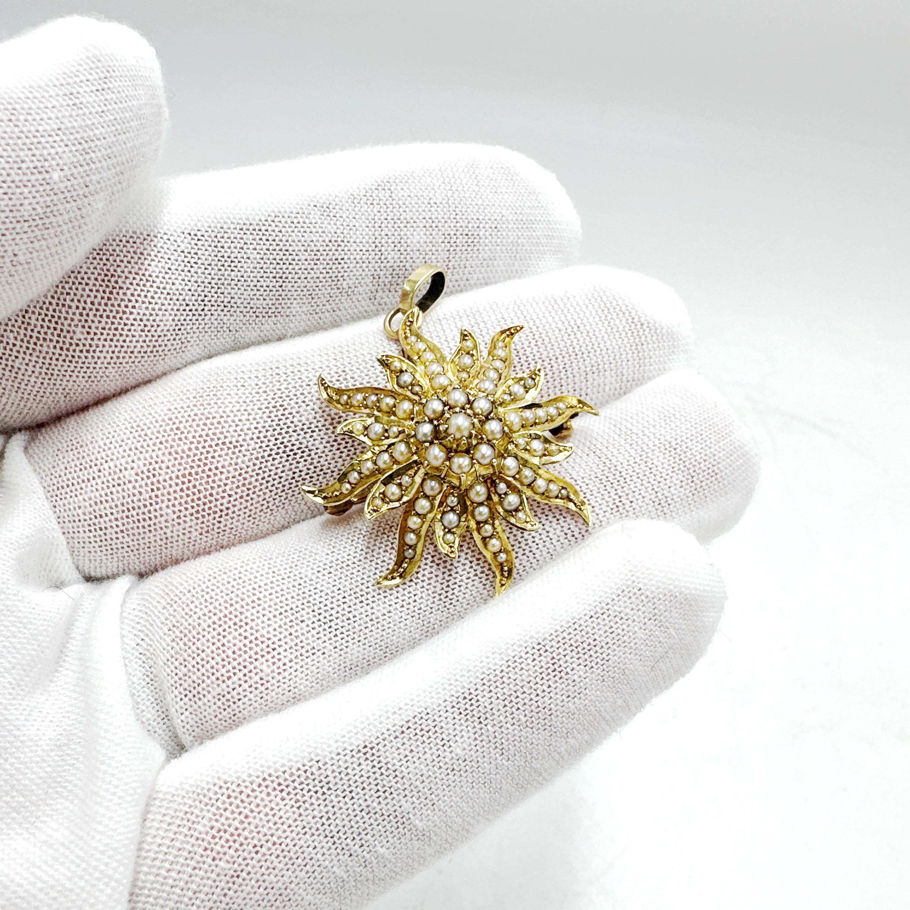 Antiguo broche/colgante eduardiano de oro amarillo de 14 quilates con perla de semilla natural Sunburst en Bueno Estado en Victoria, BC