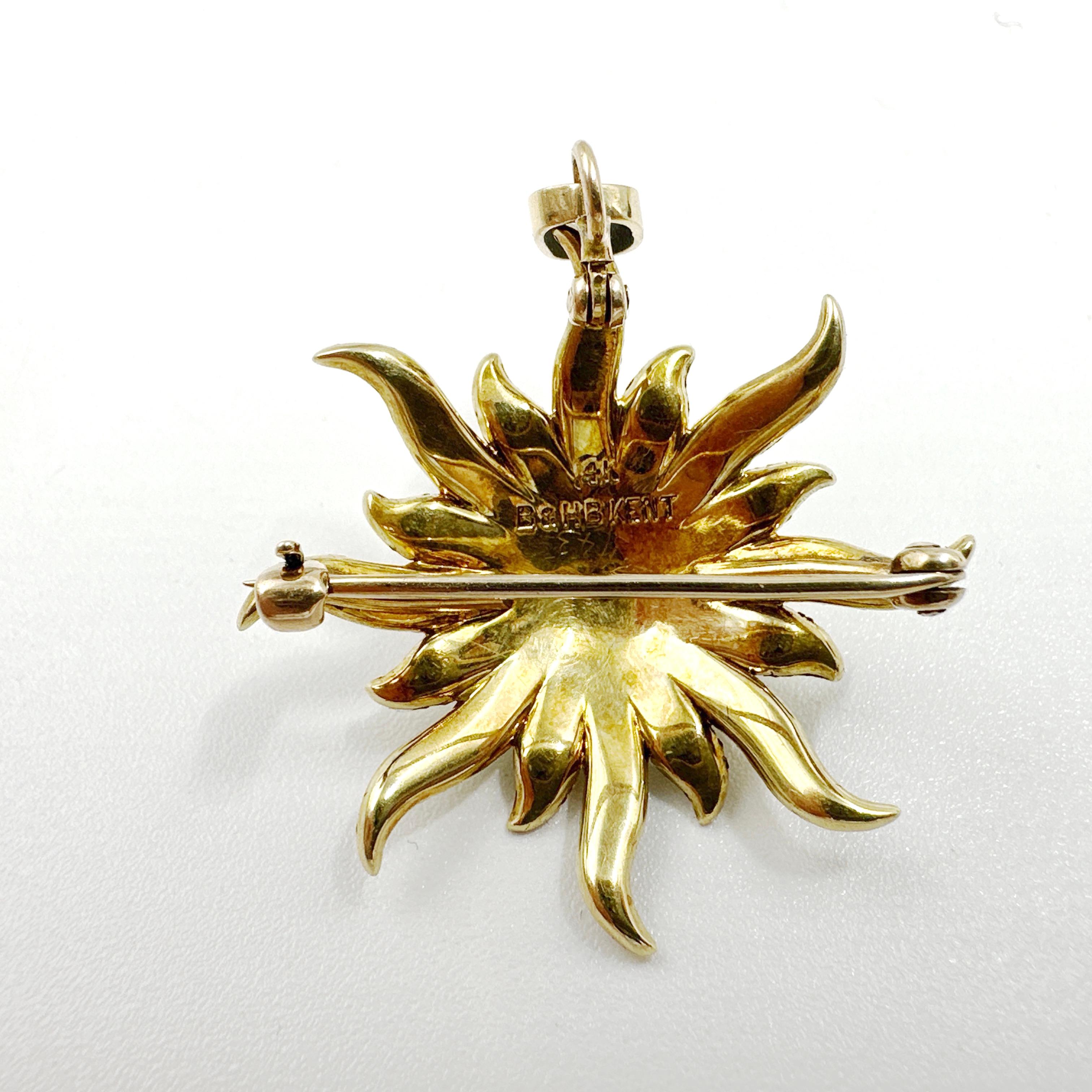 Antiguo broche/colgante eduardiano de oro amarillo de 14 quilates con perla de semilla natural Sunburst 3