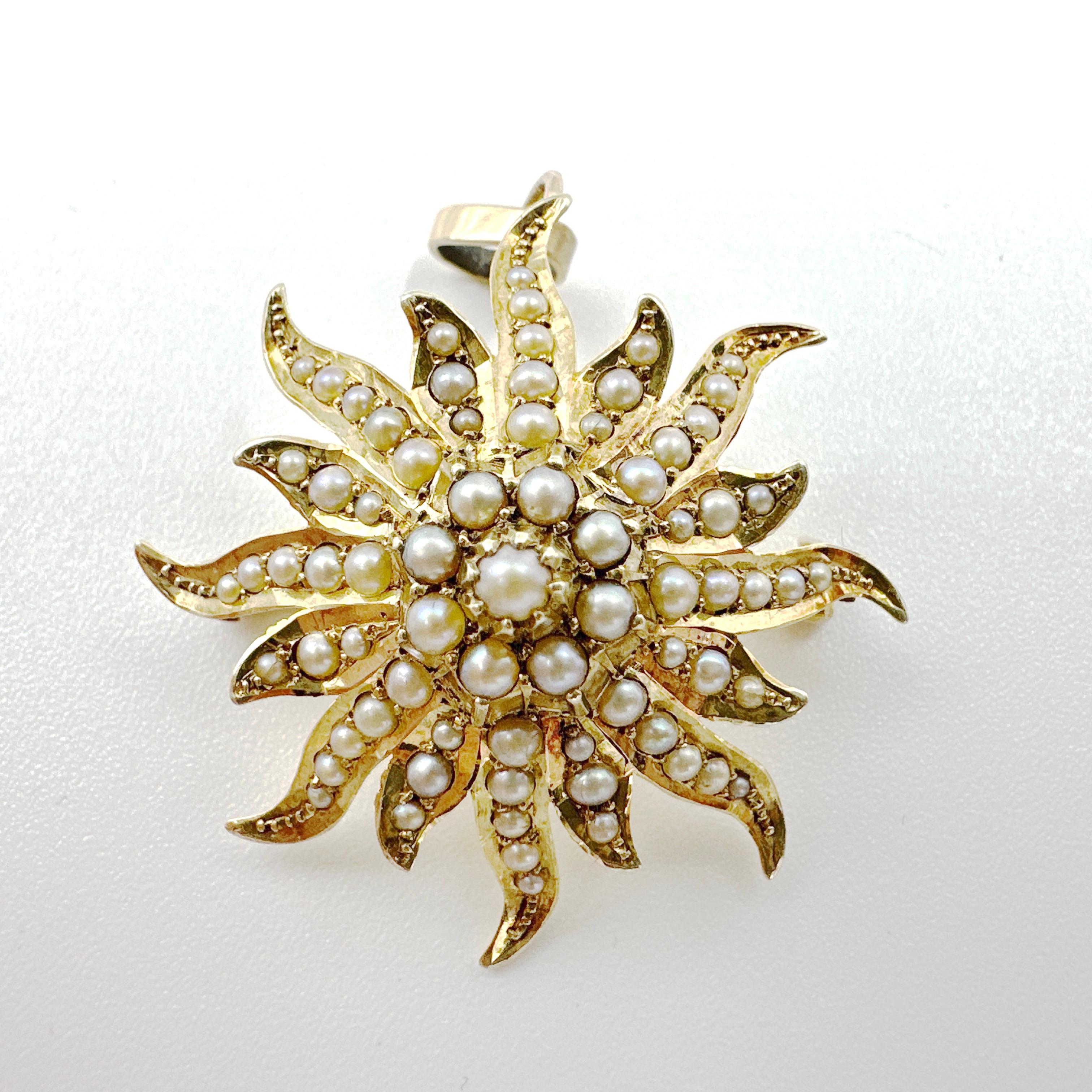 Antiguo broche/colgante eduardiano de oro amarillo de 14 quilates con perla de semilla natural Sunburst 4