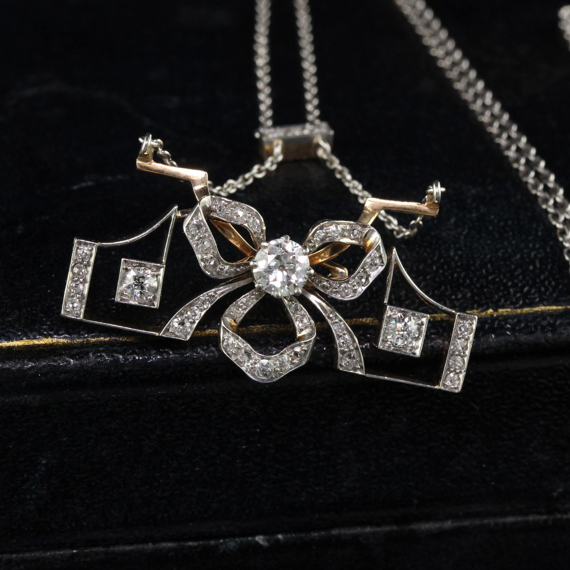 Women's Antique Edwardian 14K Yellow Gold Old Euro Diamond Drop Pendant/Pin Necklace For Sale