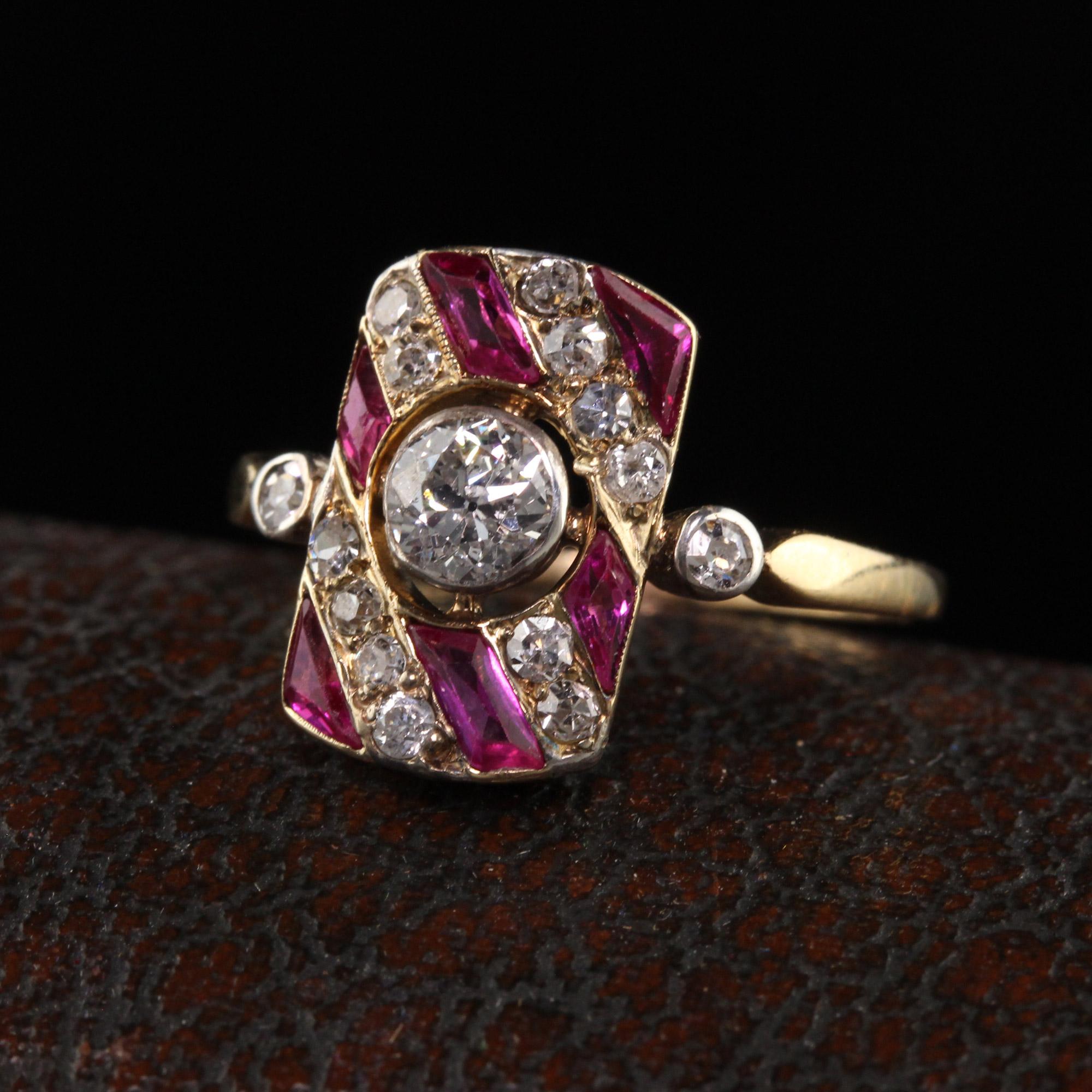 Beautiful Antique Edwardian 14K Yellow Gold Old Mine Diamond and Ruby Ring. This gorgeous ring is crafted in 14k yellow gold. The is has old mine cut diamonds on it with synthetic rubies which were very much common at the time.

Item #R1370

Metal:
