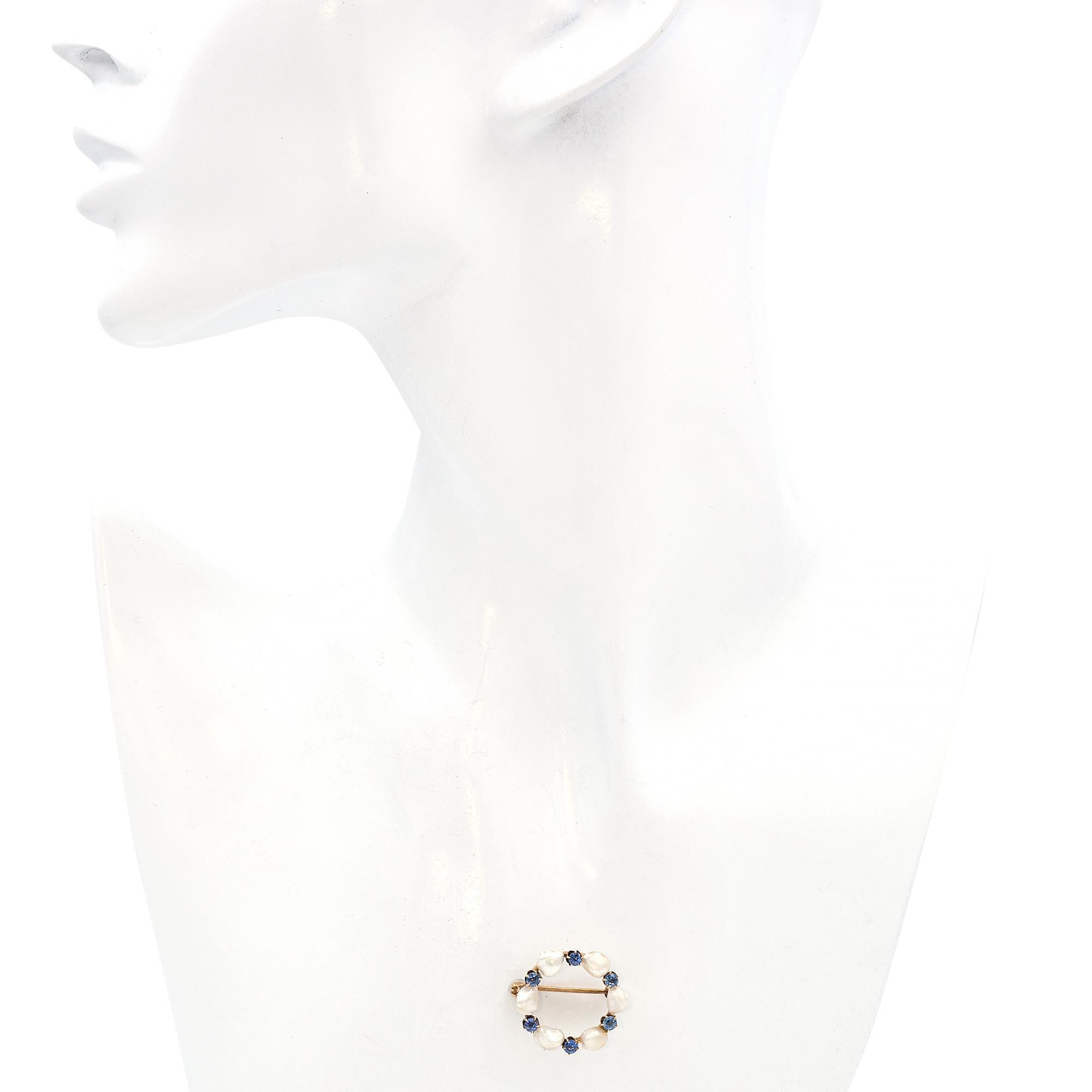 Bead Antique Edwardian 14K Yellow Gold Pearl and Sapphire Circle Brooch For Sale
