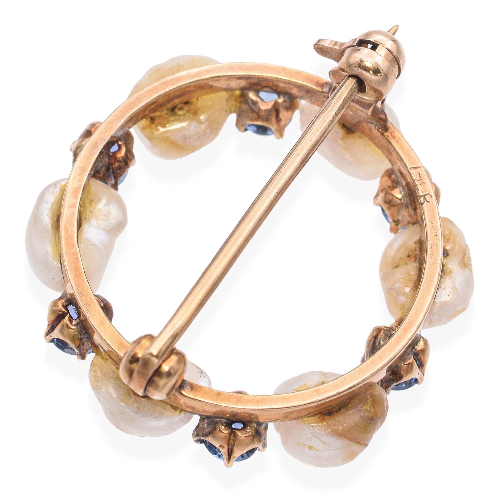 Women's Antique Edwardian 14K Yellow Gold Pearl and Sapphire Circle Brooch For Sale