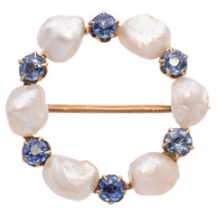 Antike edwardianische Kreisbrosche aus 14 Karat Gelbgold mit Perlen und Saphiren