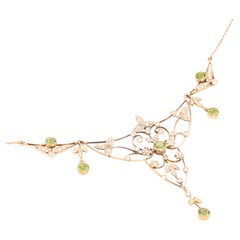 Antique Edwardian 14K Yellow Gold Peridot and Pearl Floral Necklace