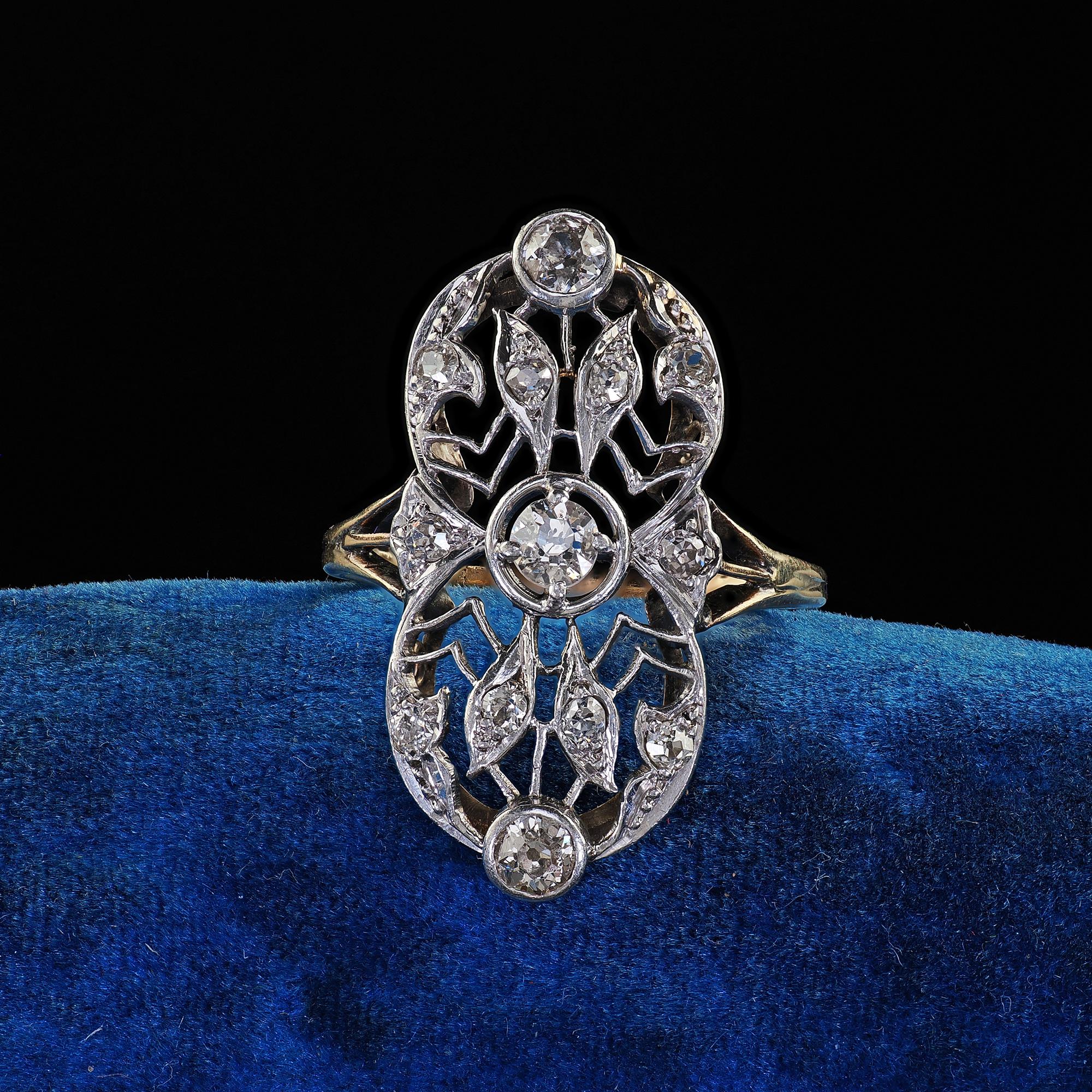 Beautiful Antique Edwardian 14K Yellow Gold Platinum Old Cut Diamond Shield Ring. This gorgeous Edwardian old cut diamond shield ring is crafted in 14k yellow gold and platinum. The ring features old cut diamonds set throughout the top of the ring