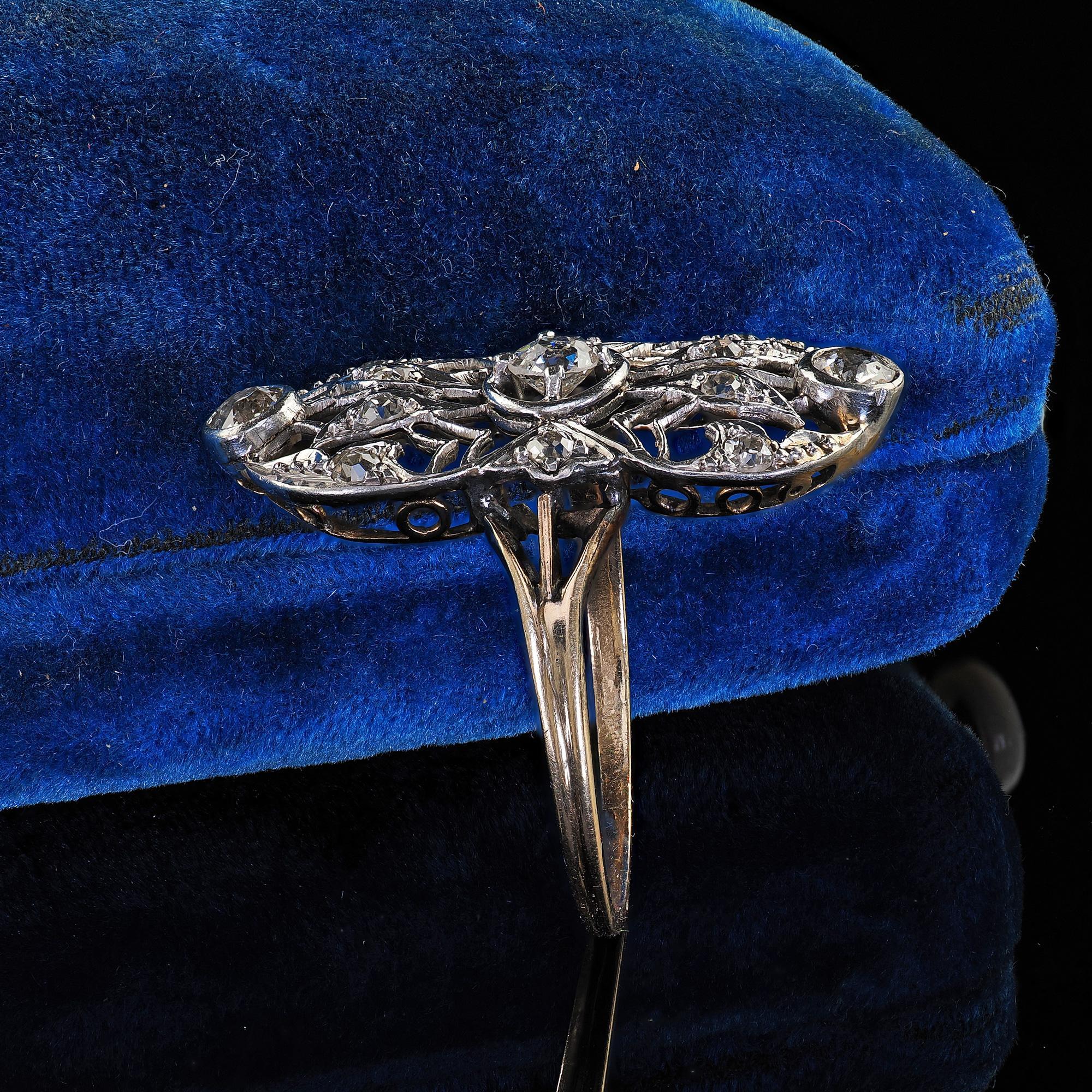 Old Mine Cut Antique Edwardian 14K Yellow Gold Platinum Old Cut Diamond Shield Ring For Sale