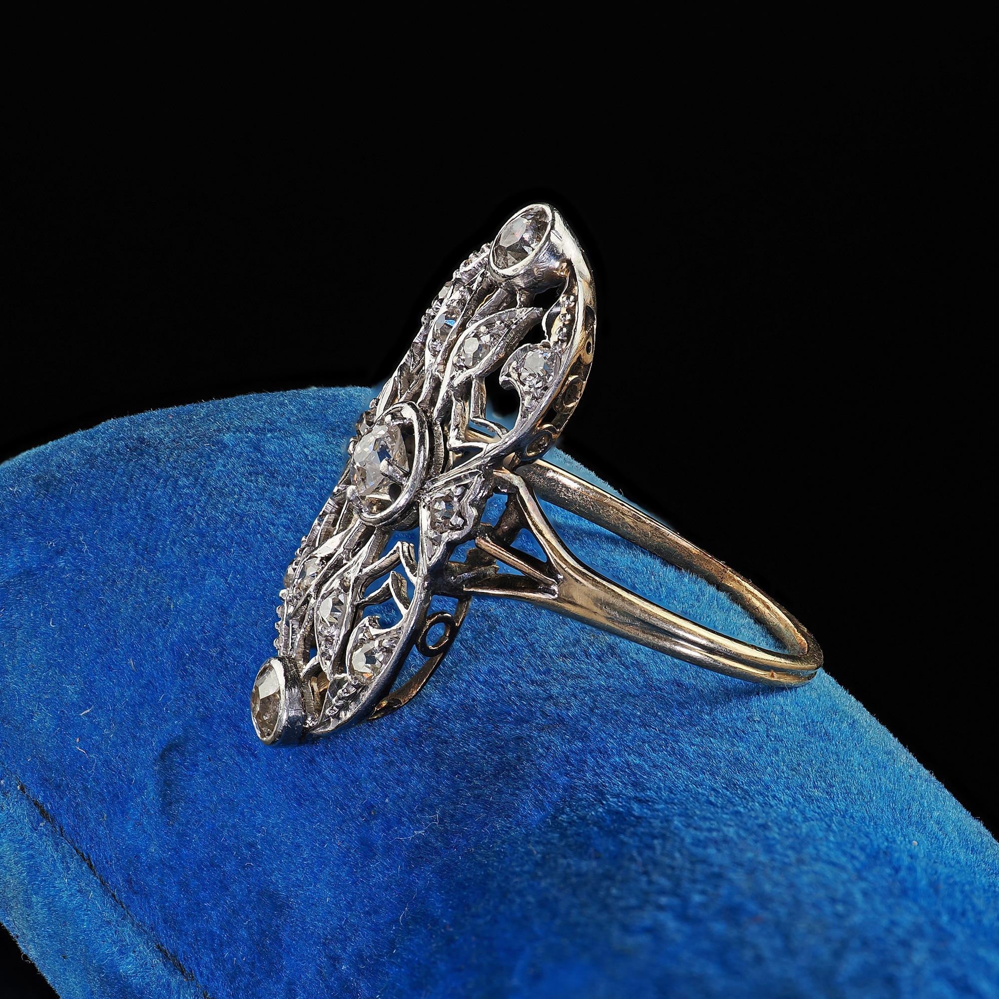 Women's Antique Edwardian 14K Yellow Gold Platinum Old Cut Diamond Shield Ring For Sale