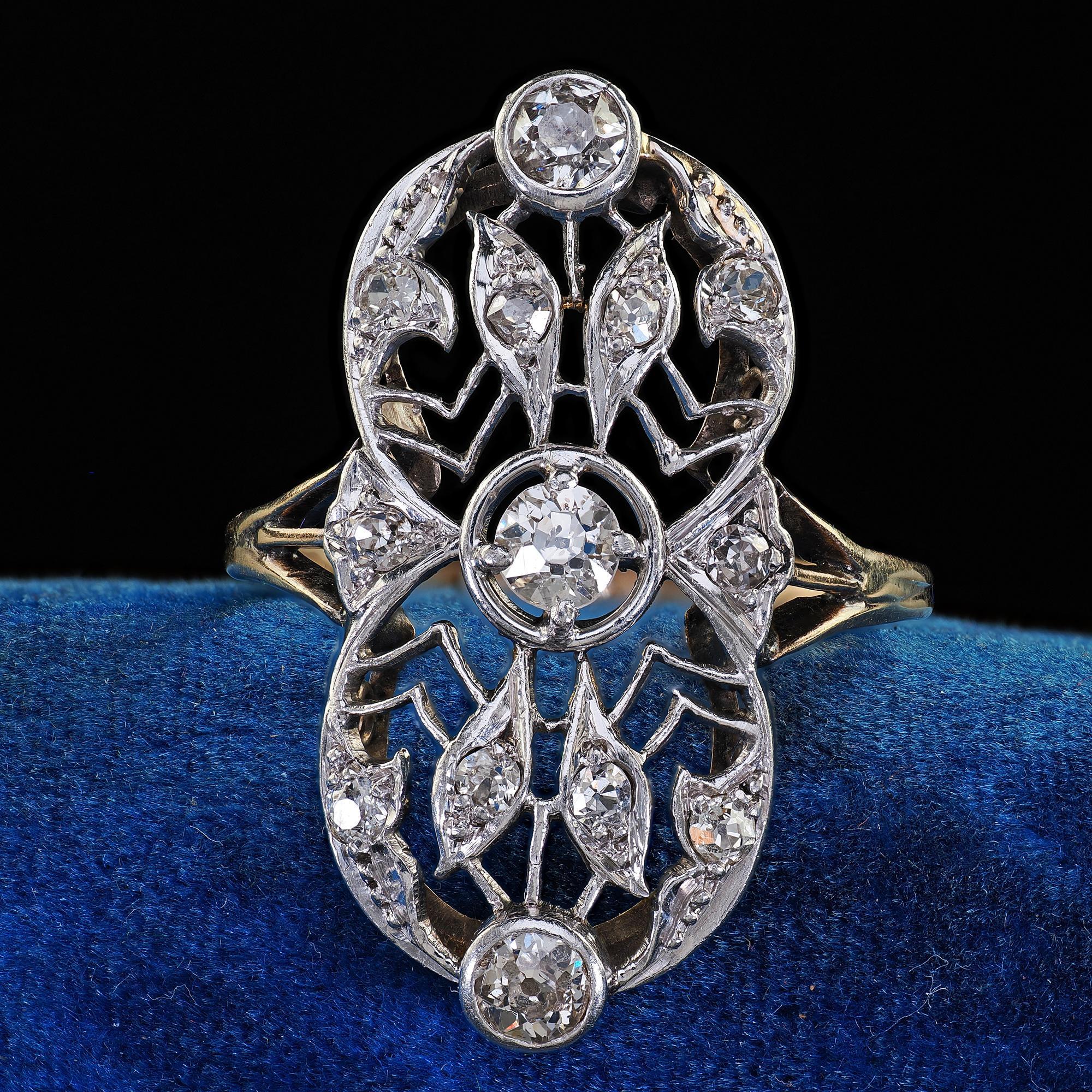 Antique Edwardian 14K Yellow Gold Platinum Old Cut Diamond Shield Ring For Sale 1