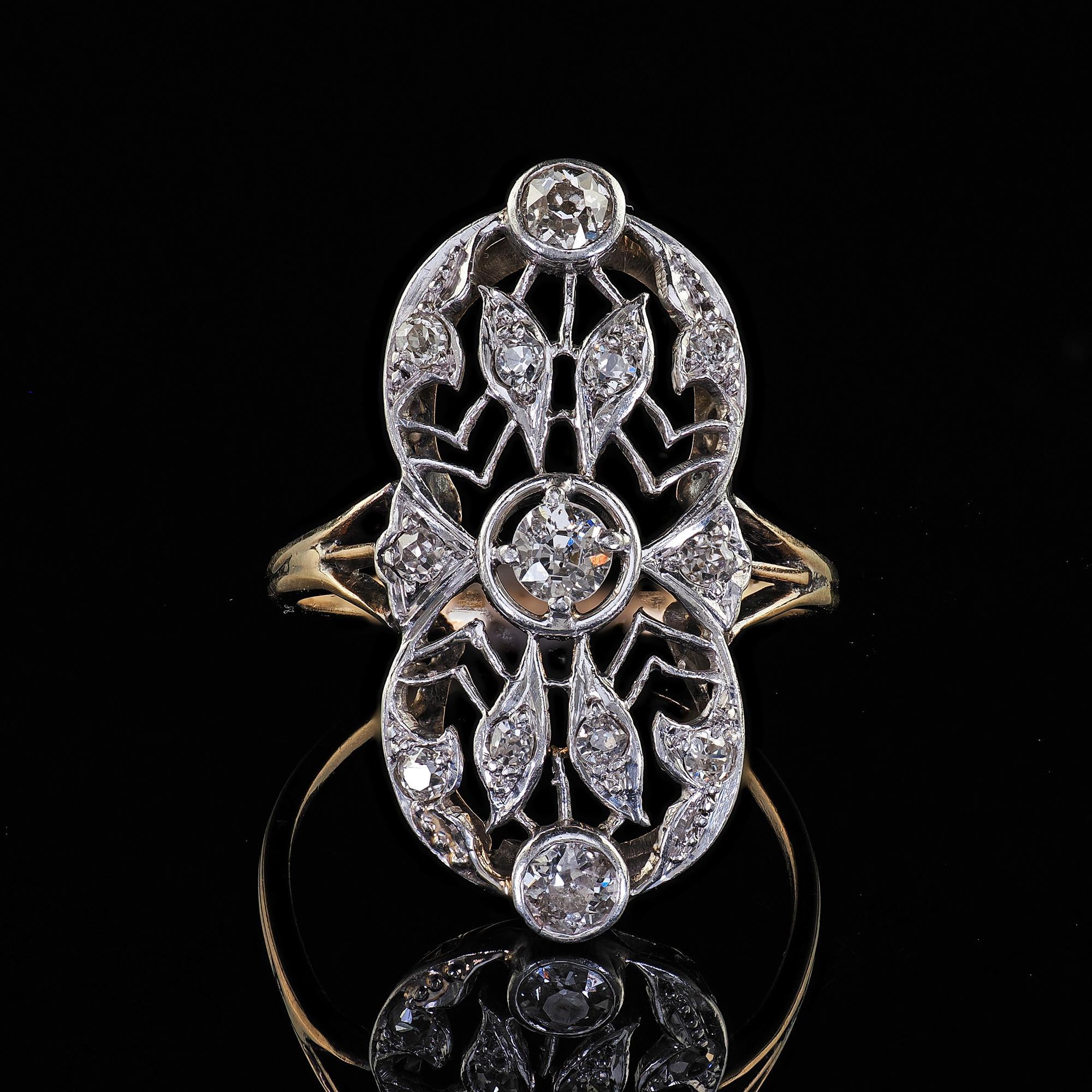 Antique Edwardian 14K Yellow Gold Platinum Old Cut Diamond Shield Ring For Sale 2