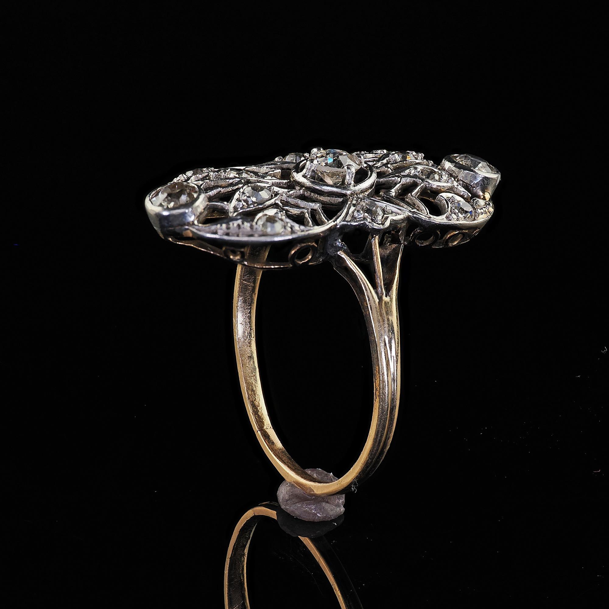 Antique Edwardian 14K Yellow Gold Platinum Old Cut Diamond Shield Ring For Sale 4