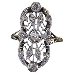 Antiguo anillo eduardiano de oro amarillo de 14 quilates con diamantes talla antigua en platino