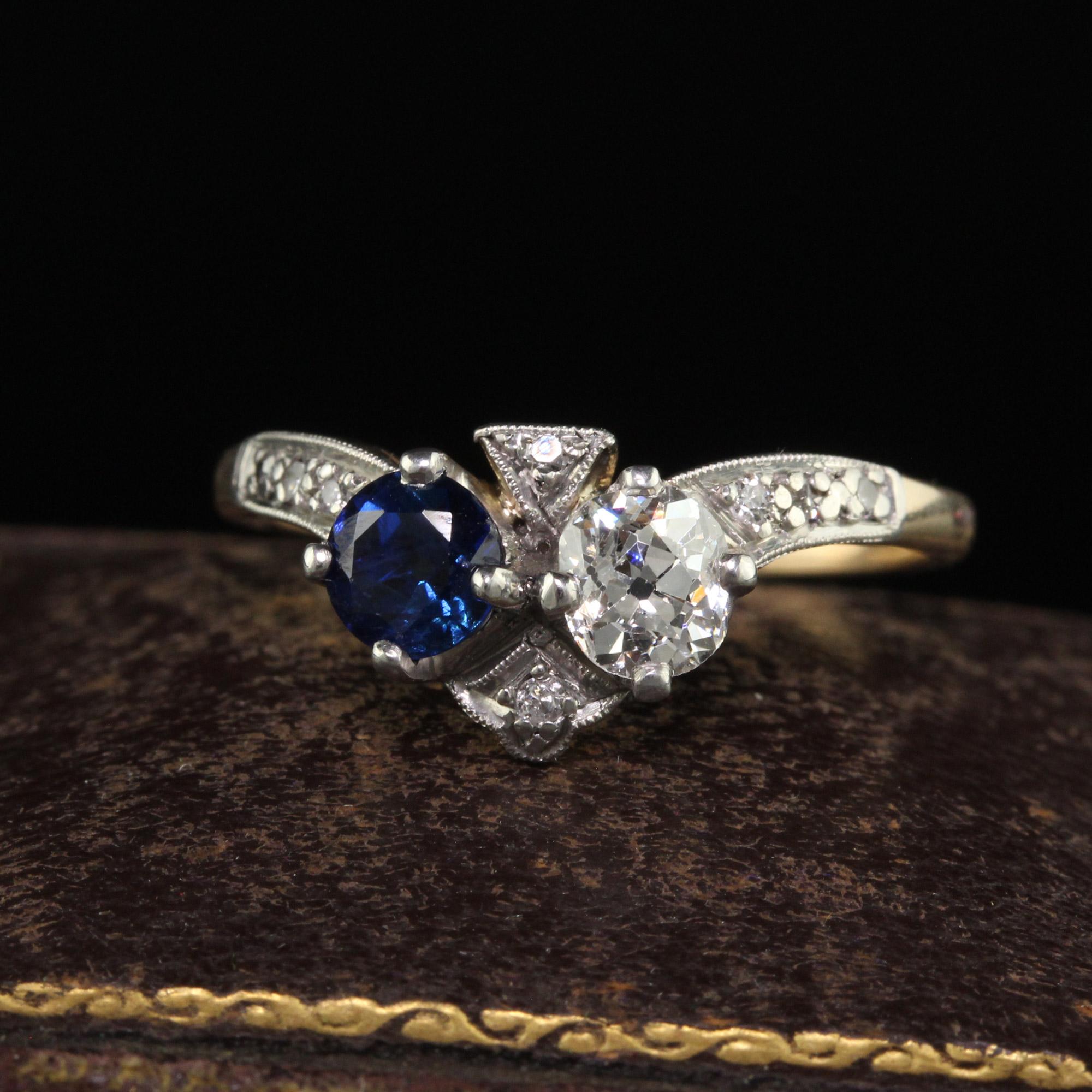 Beautiful Antique Edwardian 14K Yellow Gold Platinum Old Euro Diamond and Sapphire Ring. This gorgeous Edwardian diamond and sapphire ring is crafted in 14k yellow gold and platinum. The top of the ring holds a beautiful white old European cut