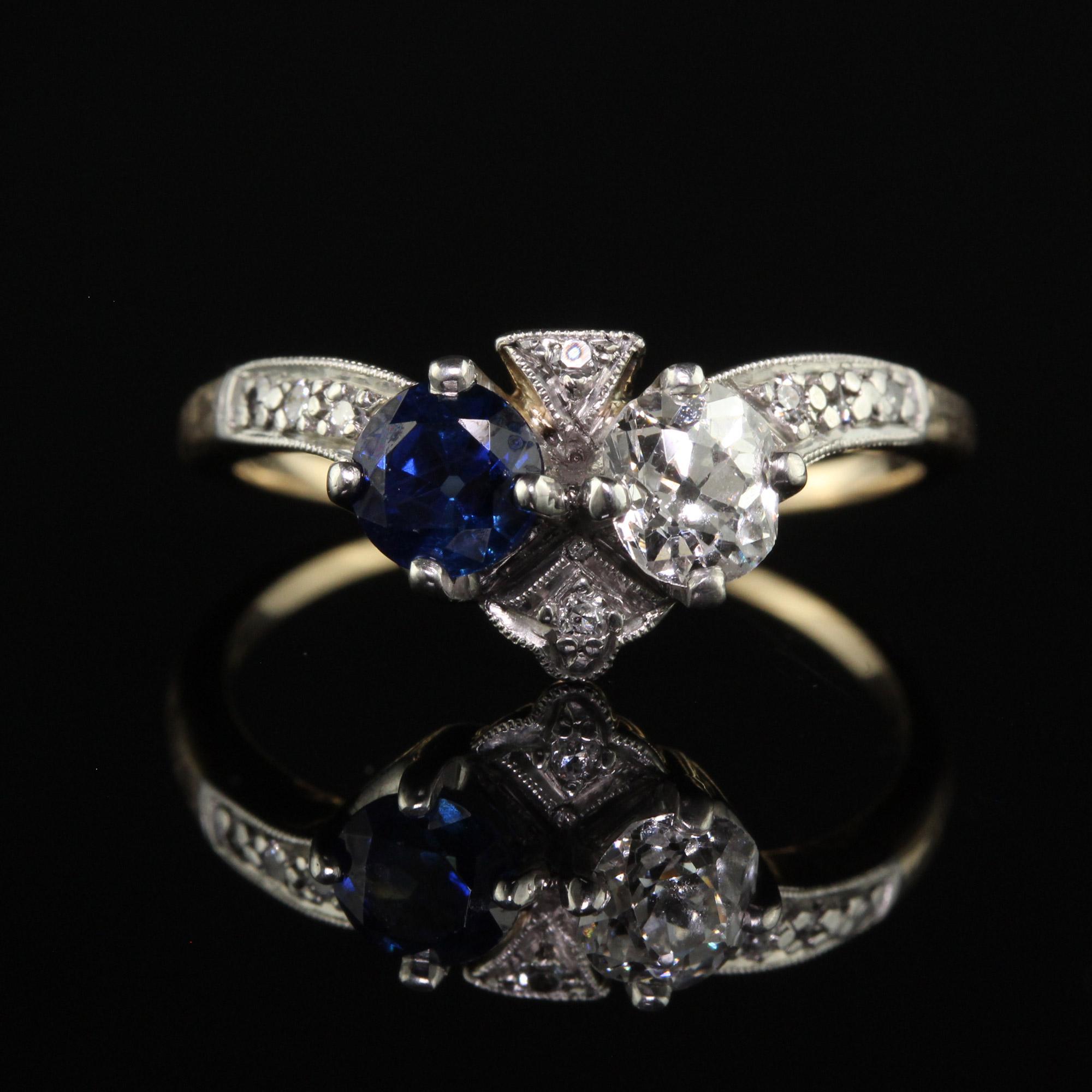 Antique Edwardian 14K Yellow Gold Platinum Old Euro Diamond and Sapphire Ring In Good Condition For Sale In Great Neck, NY
