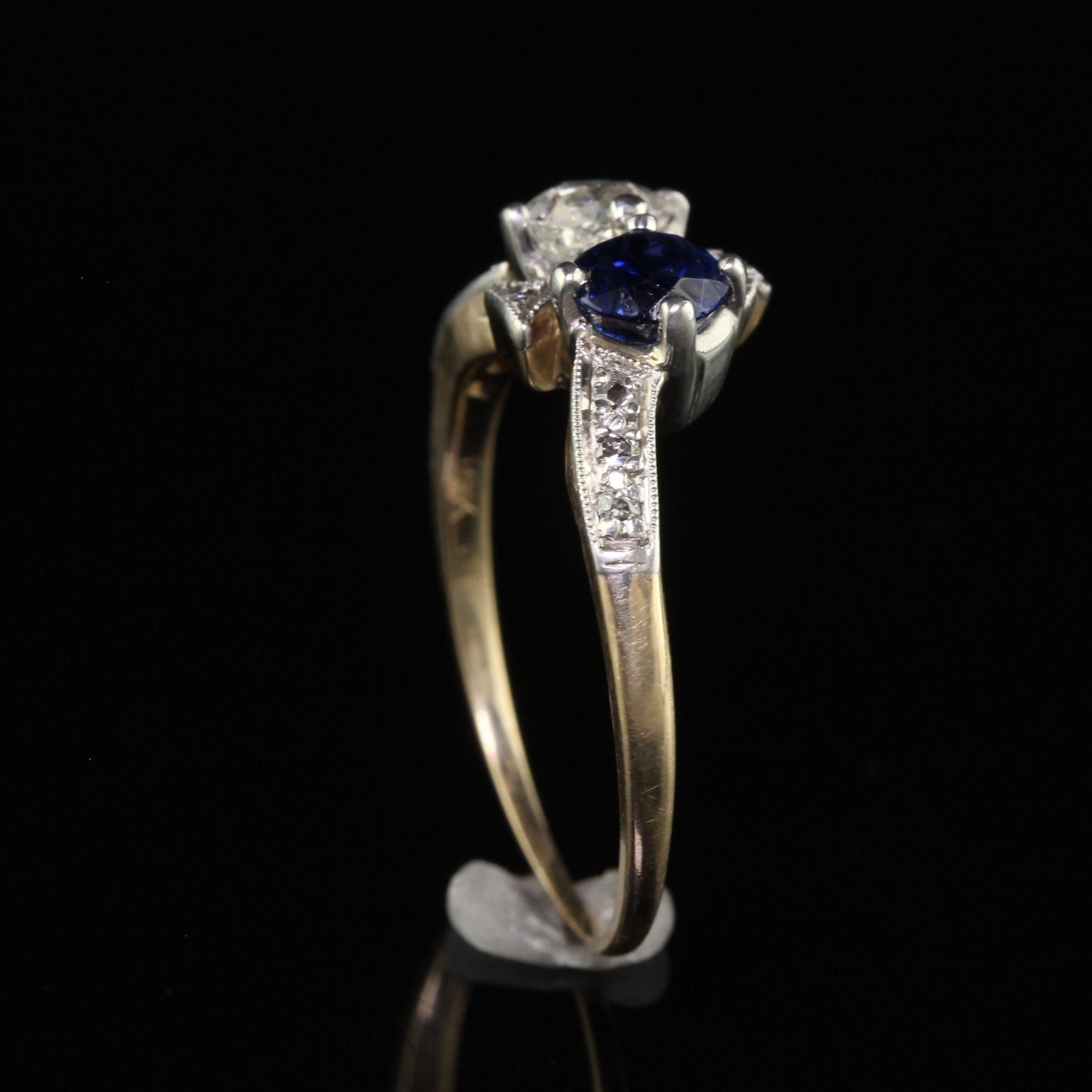 Antique Edwardian 14K Yellow Gold Platinum Old Euro Diamond and Sapphire Ring For Sale 1
