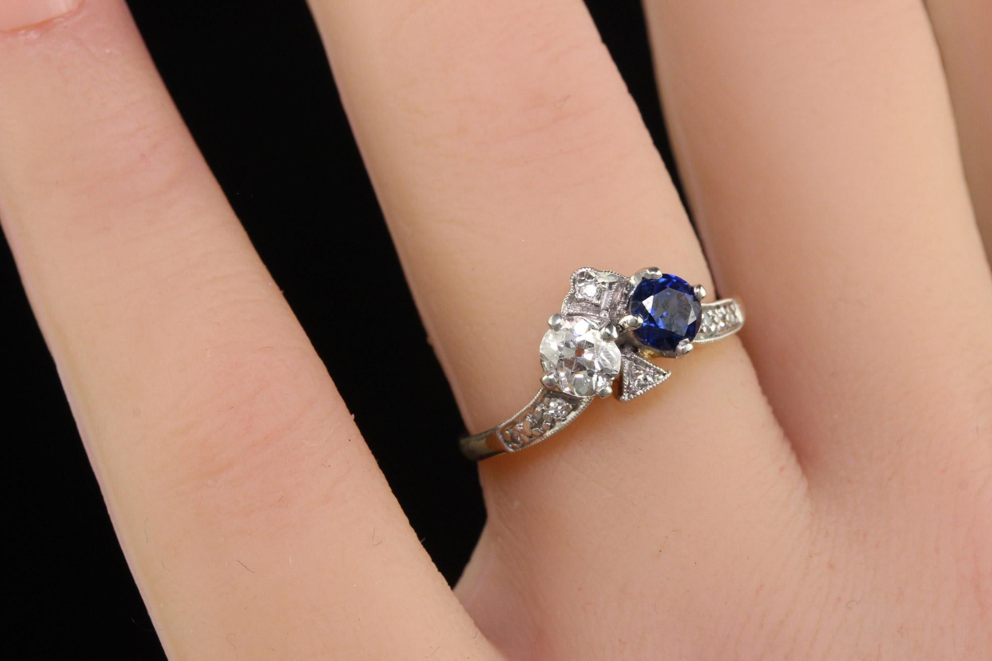Antique Edwardian 14K Yellow Gold Platinum Old Euro Diamond and Sapphire Ring For Sale 2