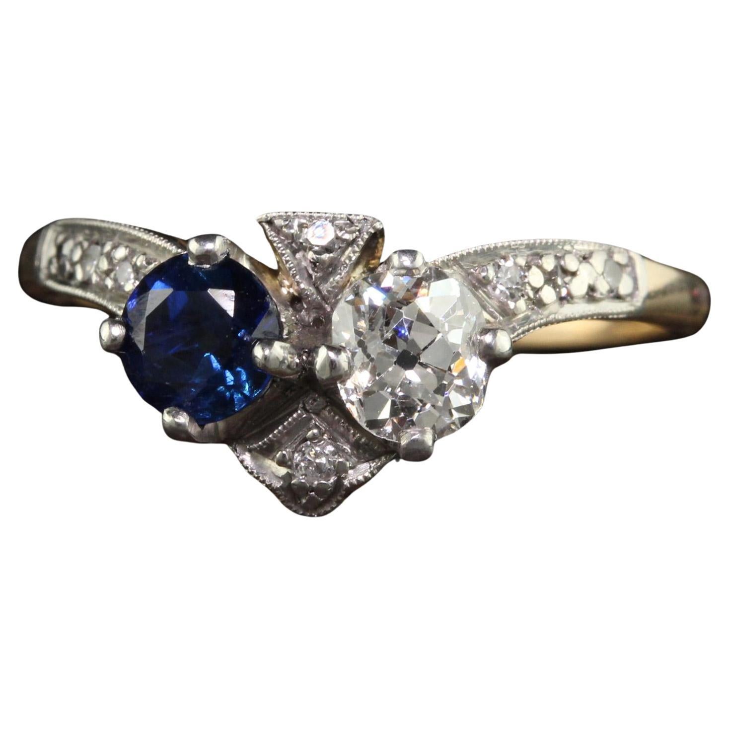 Antique Edwardian 14K Yellow Gold Platinum Old Euro Diamond and Sapphire Ring For Sale