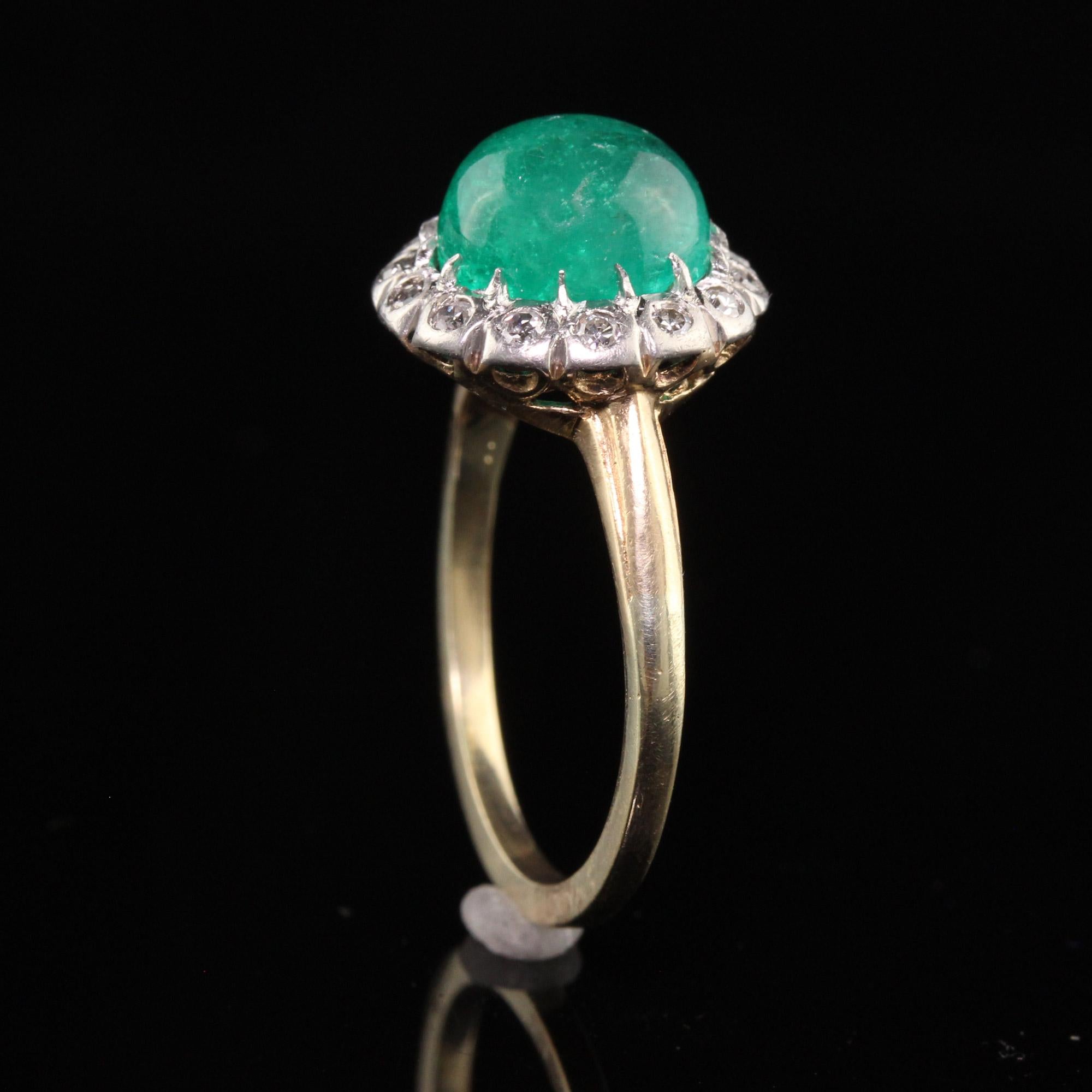 Cabochon Antique Edwardian 14K Yellow Gold Platinum Top Colombian Emerald Engagement Ring