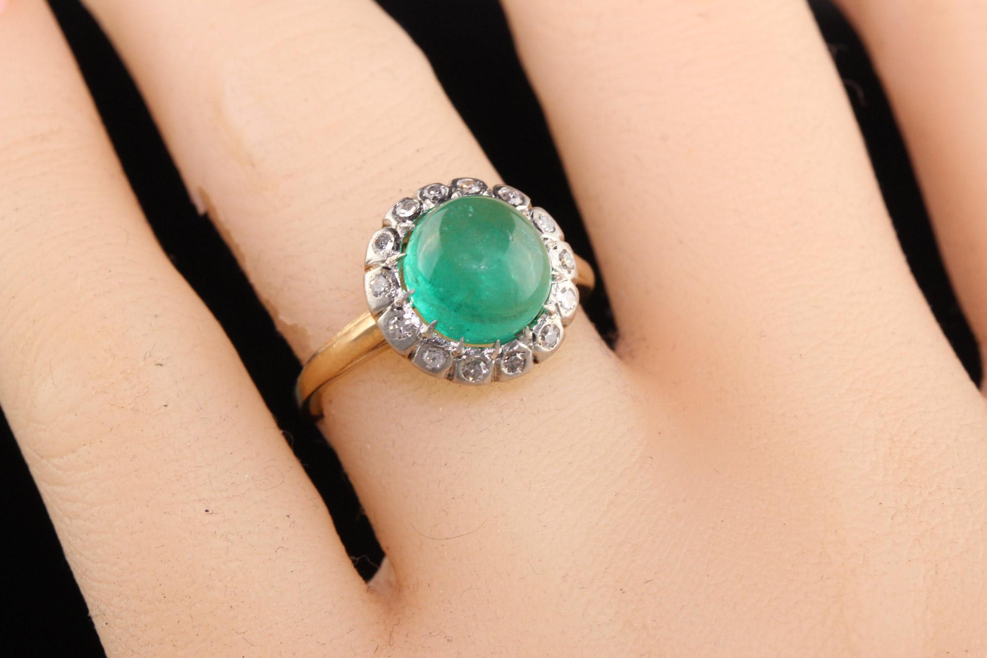 Antique Edwardian 14K Yellow Gold Platinum Top Colombian Emerald Engagement Ring In Good Condition In Great Neck, NY