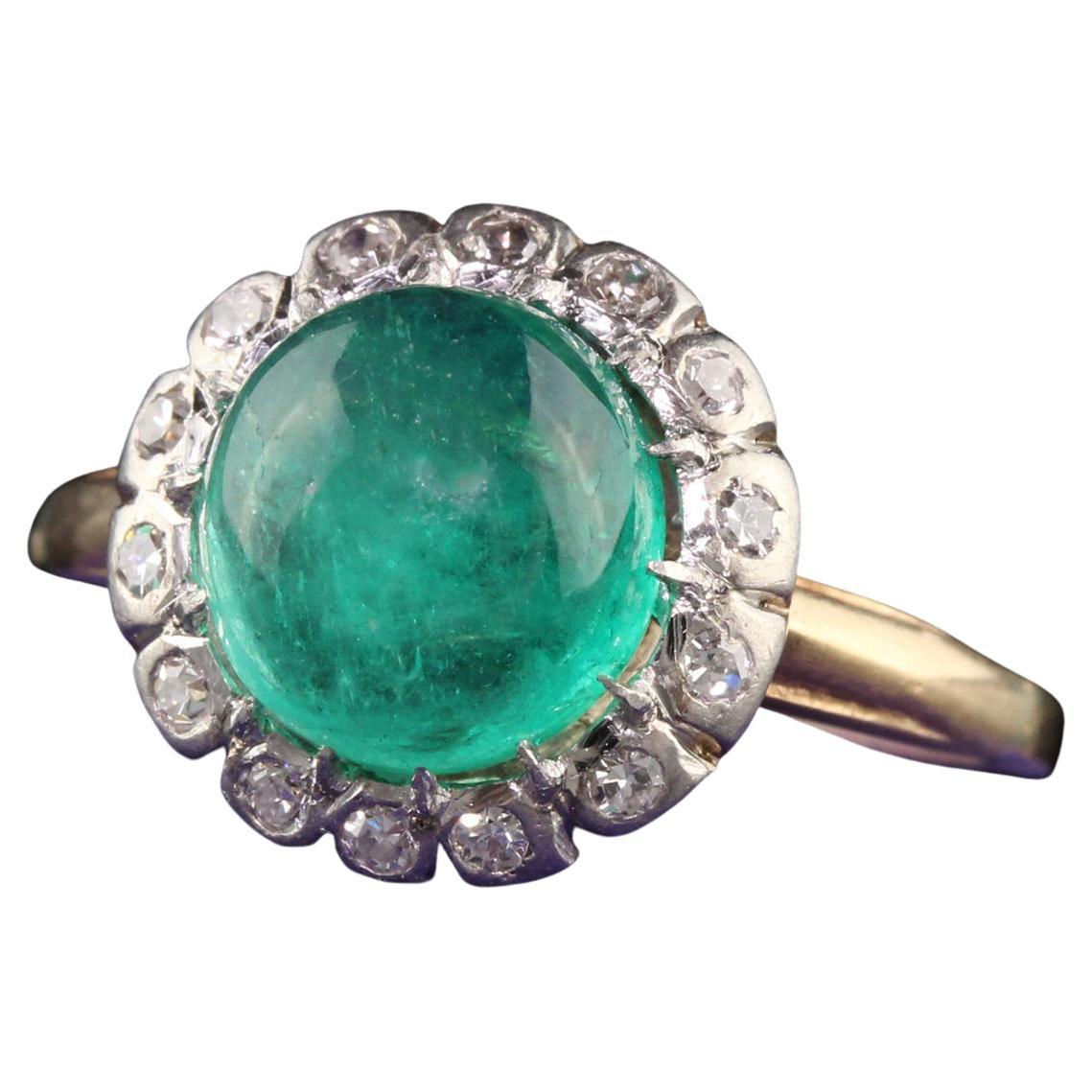 Antique Edwardian 14K Yellow Gold Platinum Top Colombian Emerald Engagement Ring