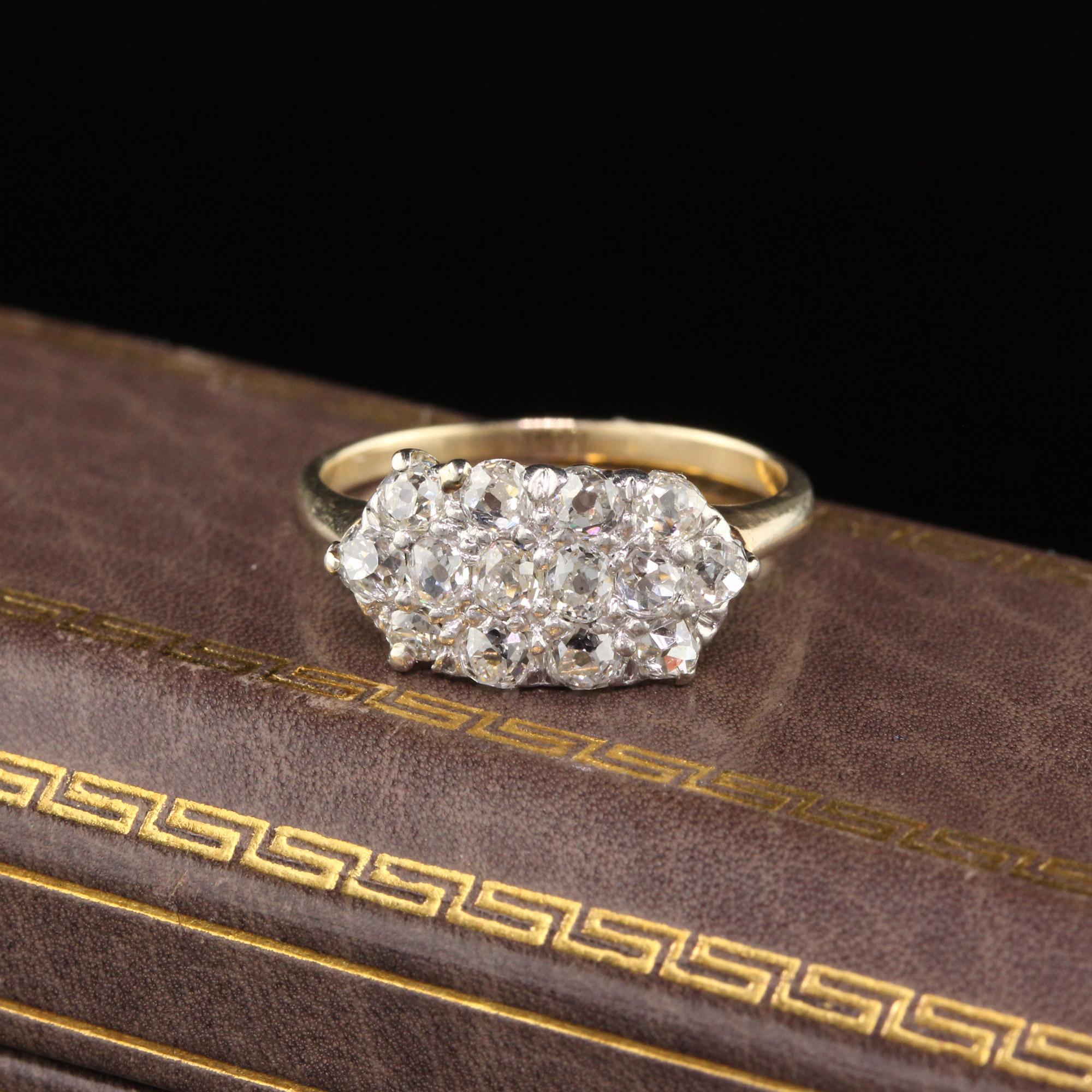 Beautiful classic Edwardian ring in yellow gold with a platinum top and three rows of sparkly chunky old mine cut diamonds.

#R0392

Metal: 14K Yellow Gold & Platinum Top

Weight: 2.4 Grams

Total Diamond Weight: Approximately 0.70 cts old mine cut