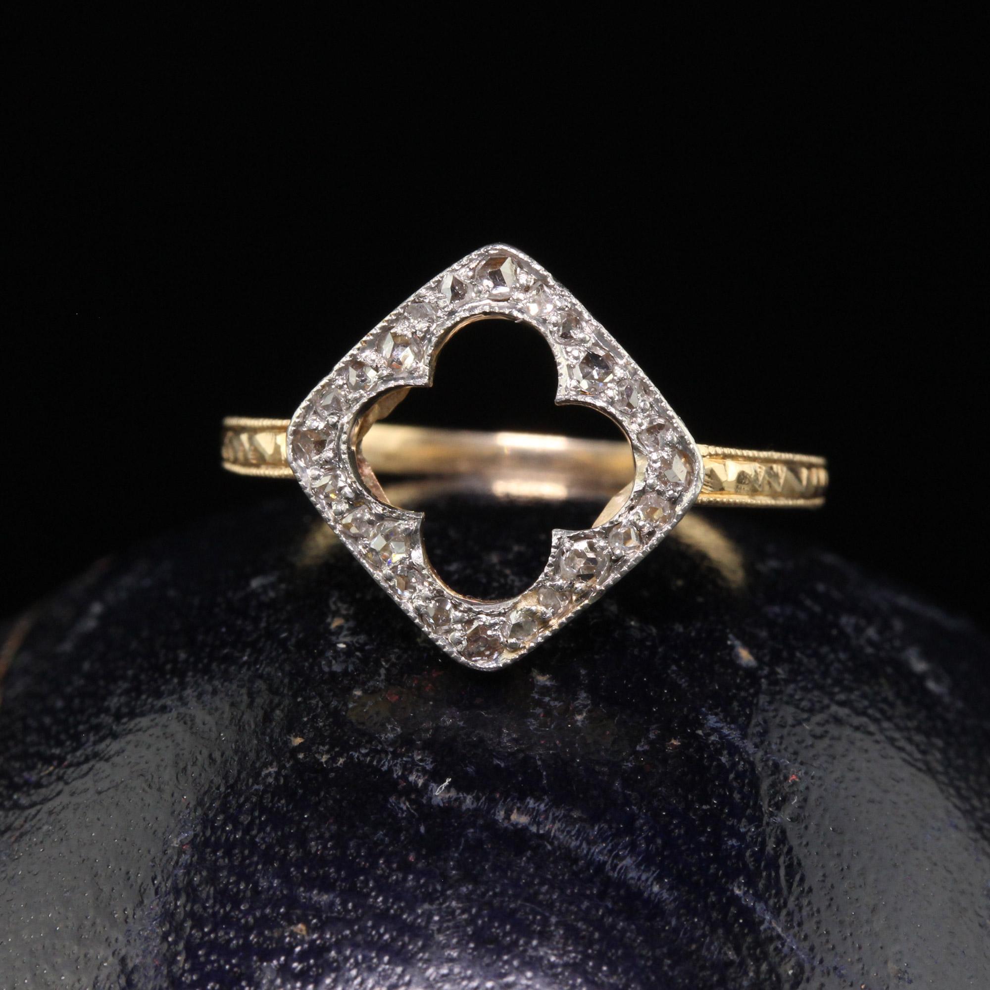 Beautiful Antique Edwardian 14K Yellow Gold Platinum Top Rose Cut Diamond Clover Ring. This gorgeous Edwardian diamond ring is crafted in 14k yellow gold and platinum top. This ring features rose cut diamonds set in a clover pattern. The ring has