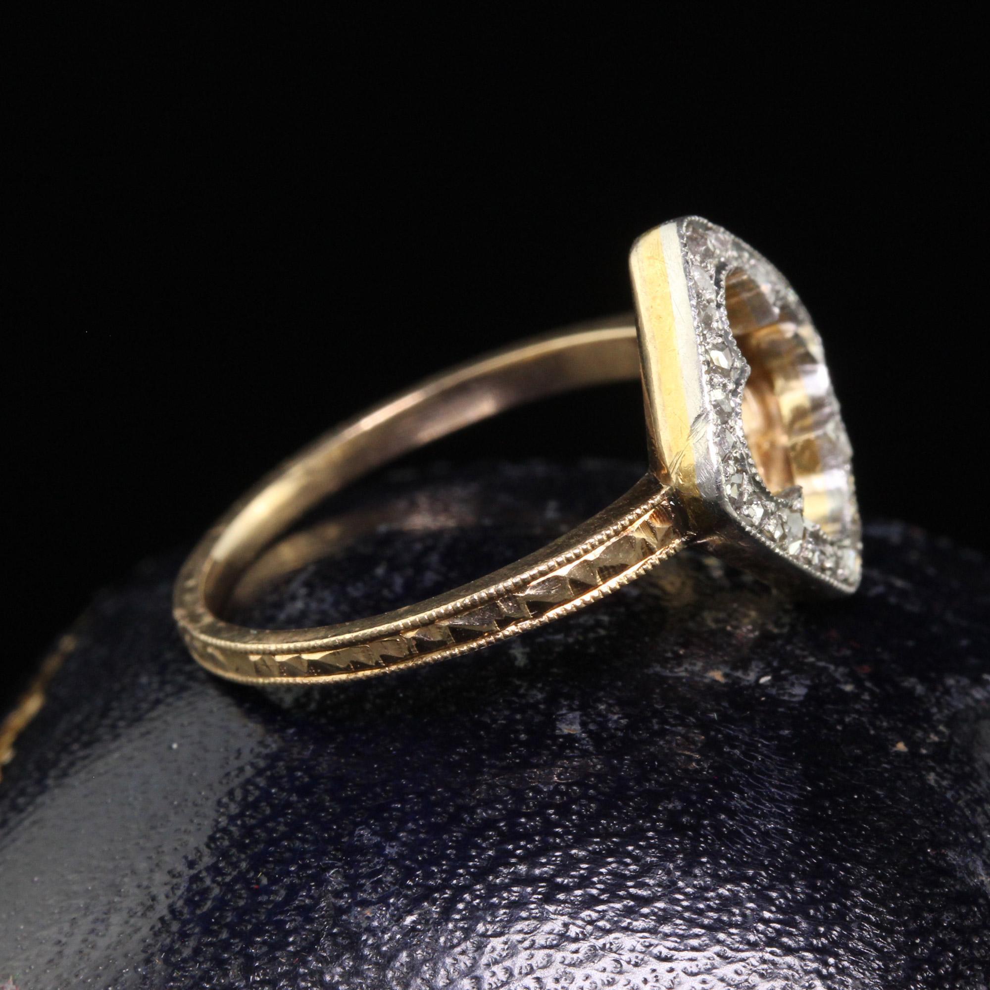 Antique Edwardian 14K Yellow Gold Platinum Top Rose Cut Diamond Clover Ring For Sale 1