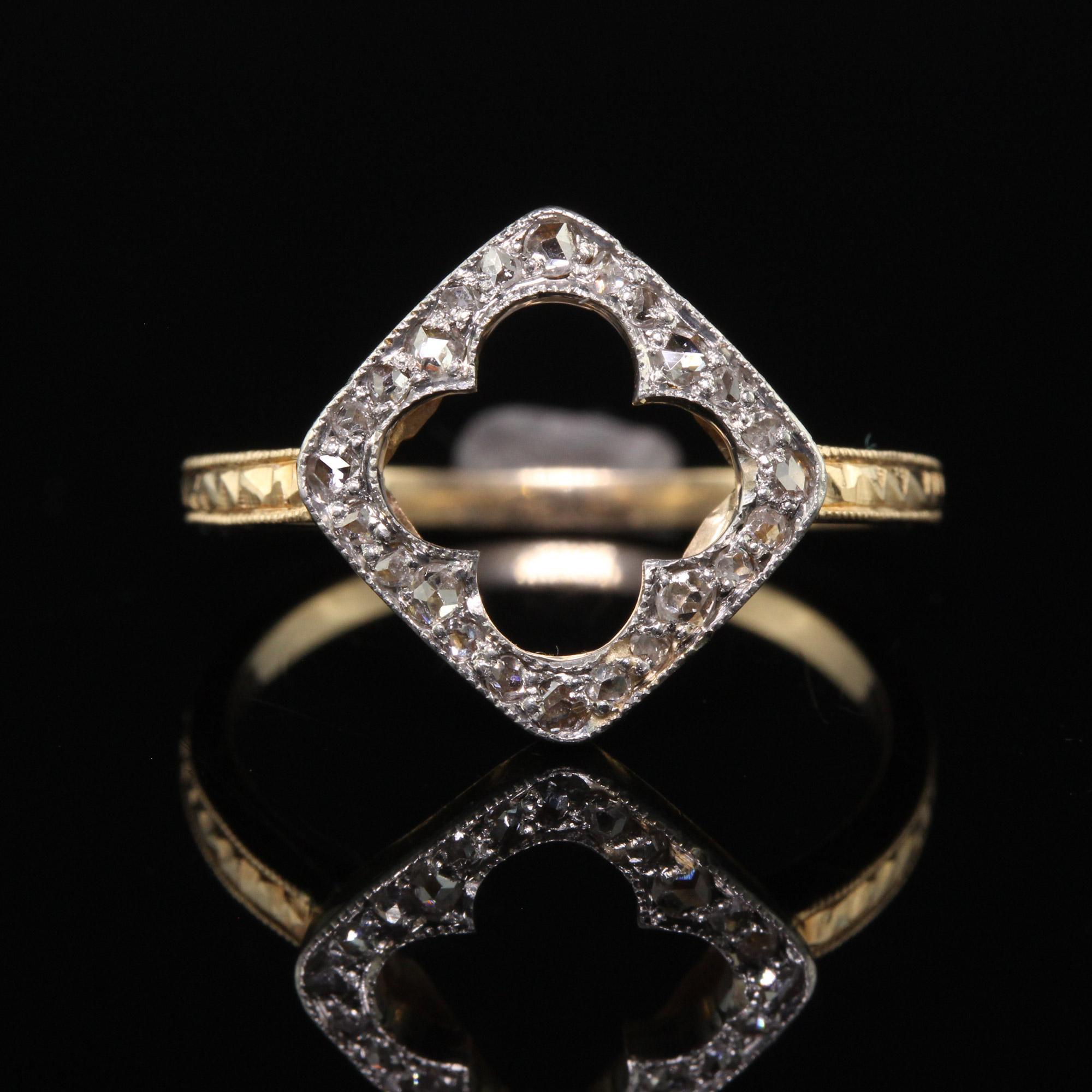 Antique Edwardian 14K Yellow Gold Platinum Top Rose Cut Diamond Clover Ring For Sale 2